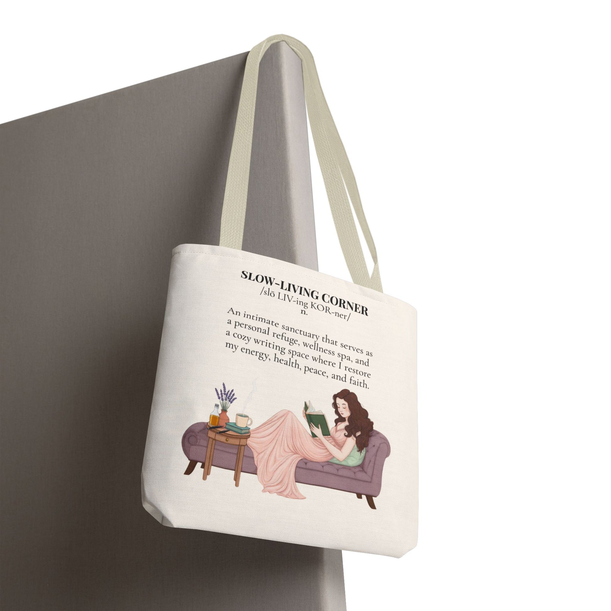 Slow-Living Corner Tote Bag — Cozy Self-Care AOP Canvas Tote with Faith Quotes