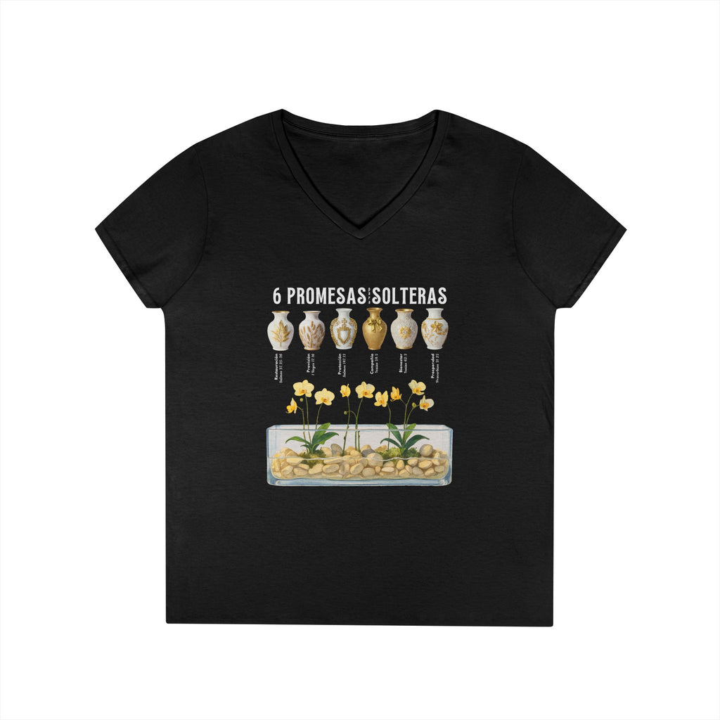6 Promesas para Solteras: T-shirt negra con jarrones dorados y blancos y orquídeas