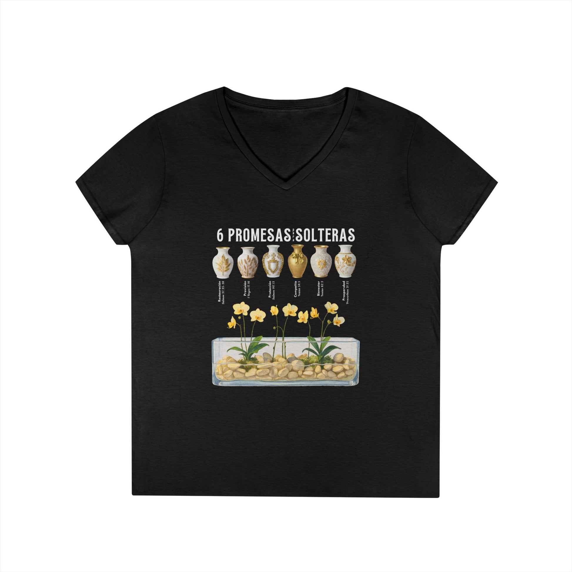 6 Promesas para Solteras: T-shirt negra con jarrones dorados y blancos y orquídeas