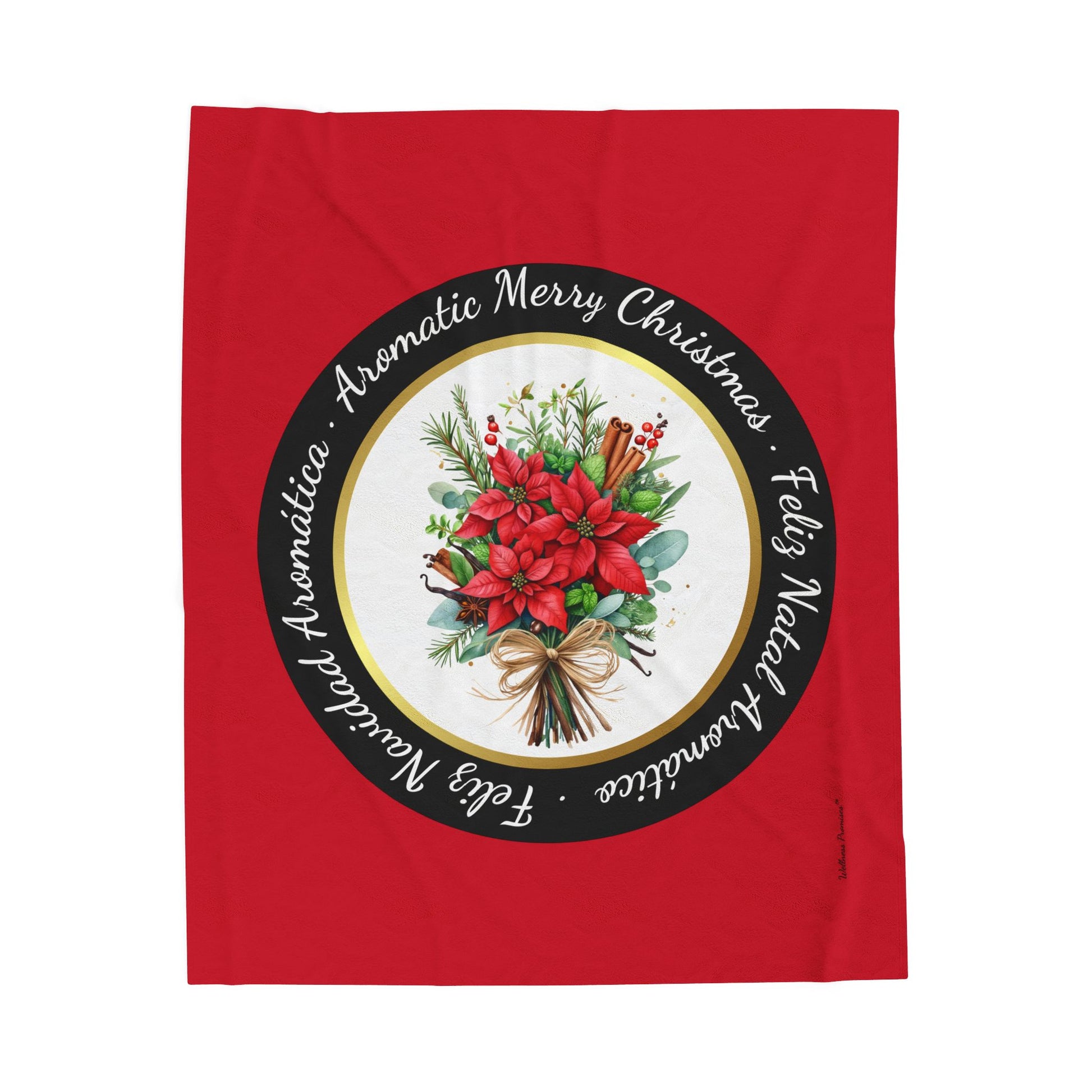 Christmas Herbal and Poinsettia Design in Three Languages- Plush Blanket