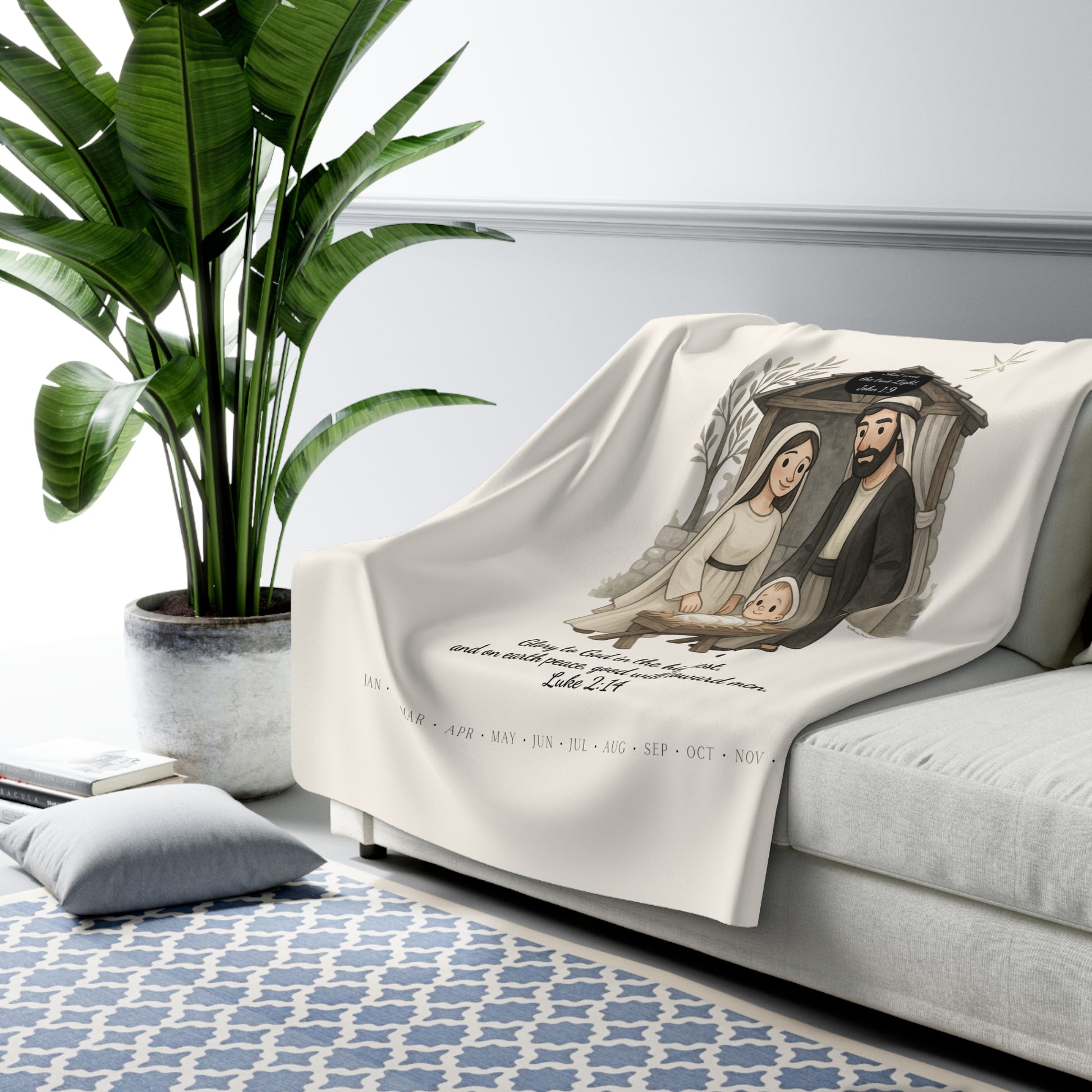 Nativity Sherpa Fleece Blanket – "Celebrate Good News All Year" Christian Christmas Throw with Luke 2:14