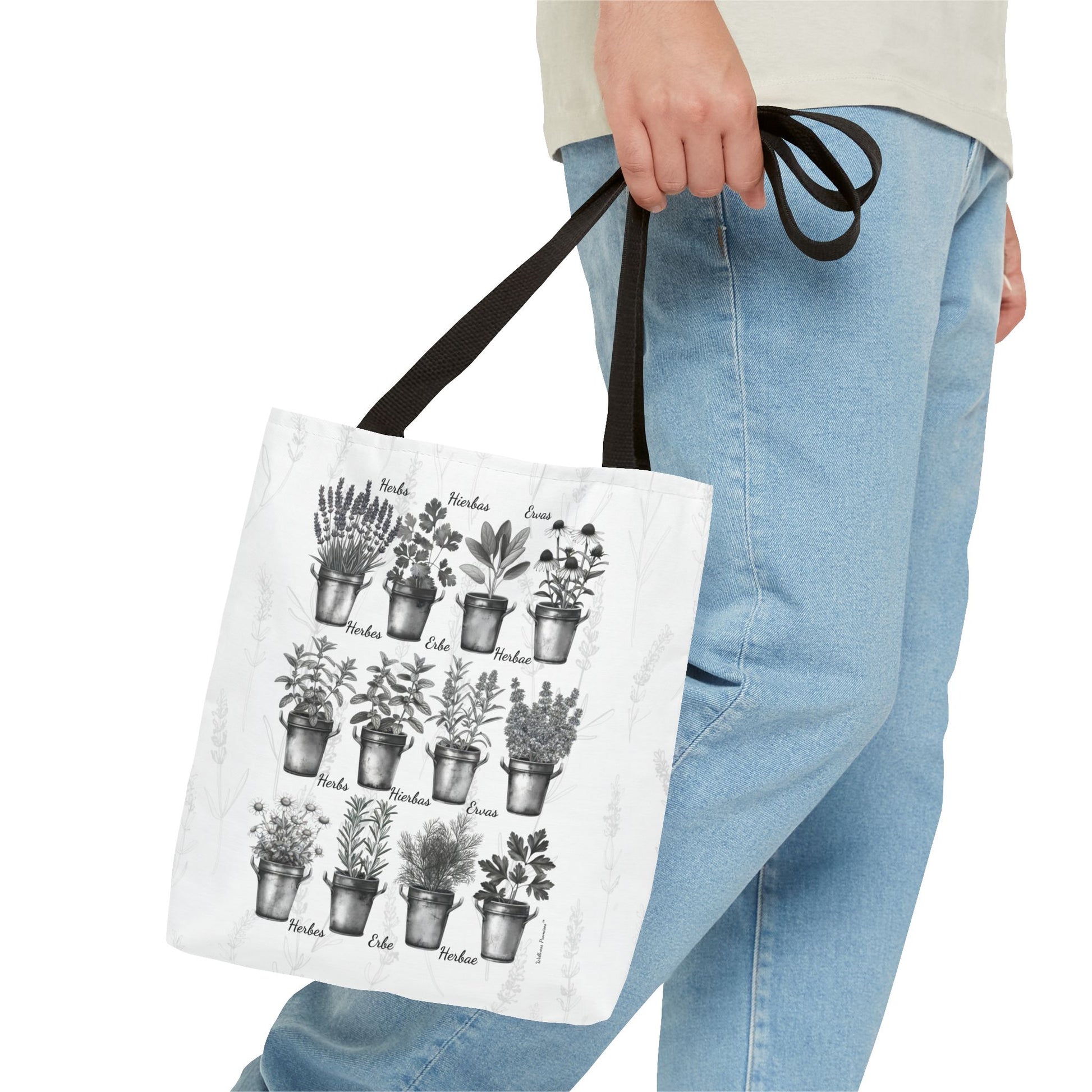 6 Language Black & White Herbal Garden Tote Bag | Botanical Shopping Tote | Eco-Friendly Grocery Bag, Plant Lover Gift, Garden Decor, Mothers Day