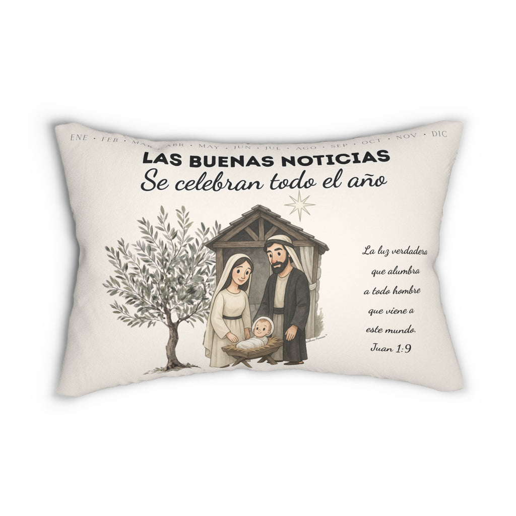 Nativity Lumbar Pillow — (Cream Color) "Las Buenas Noticias" Spanish Year Round Christmas Decor with Bible Verse