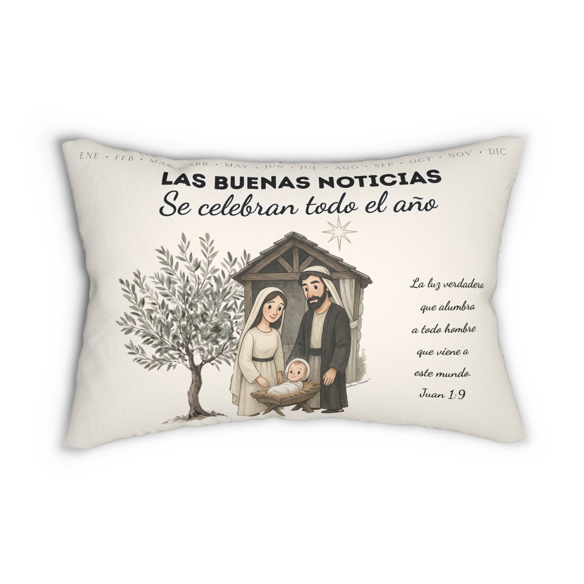 Nativity Lumbar Pillow — (Cream Color) "Las Buenas Noticias" Spanish Year Round Christmas Decor with Bible Verse
