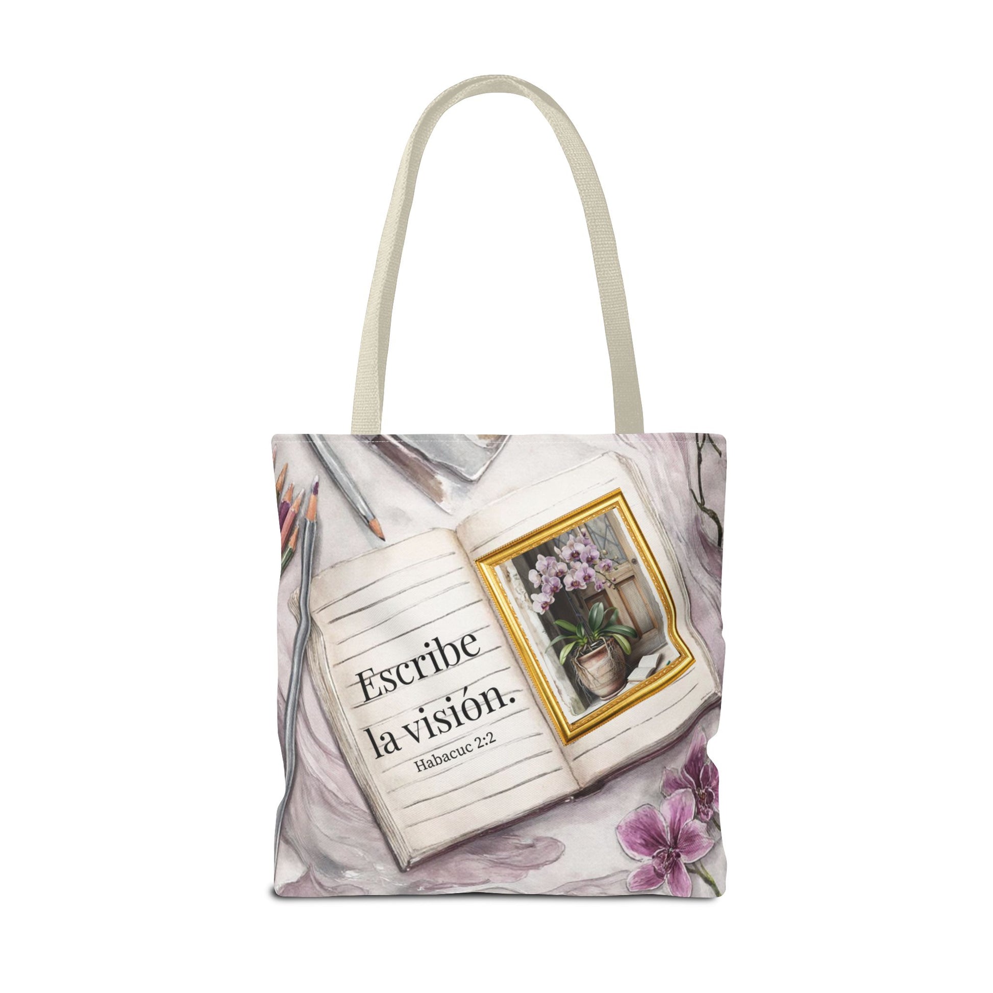 Inspirational Journal Art Tote Bag — "Escribe la Visión" Orchid & Bible Quote Tote (Spanish)