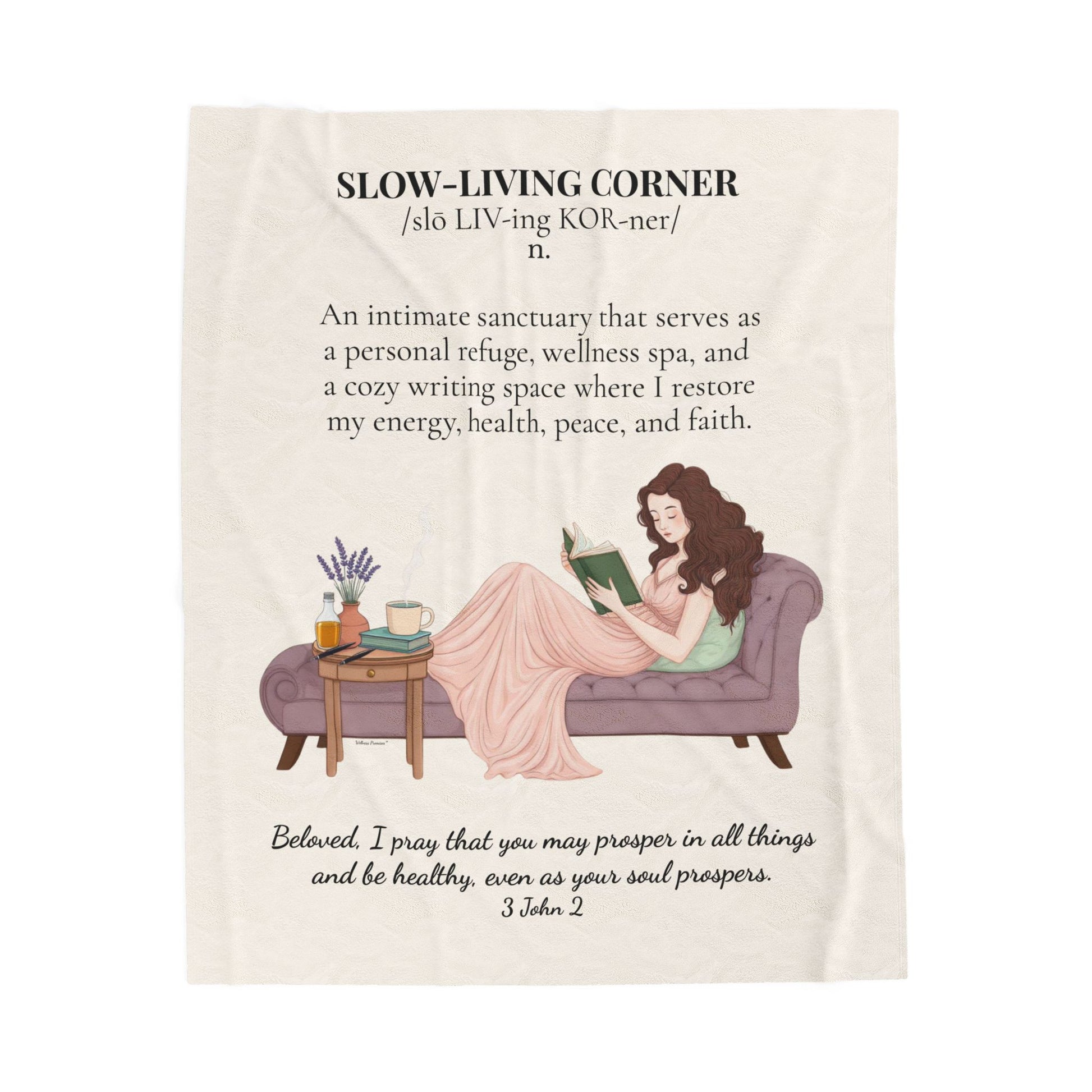 Slow-Living Corner Velveteen Plush Blanket — Cozy Reading Nook Throw with Inspirational Quote (Beige)