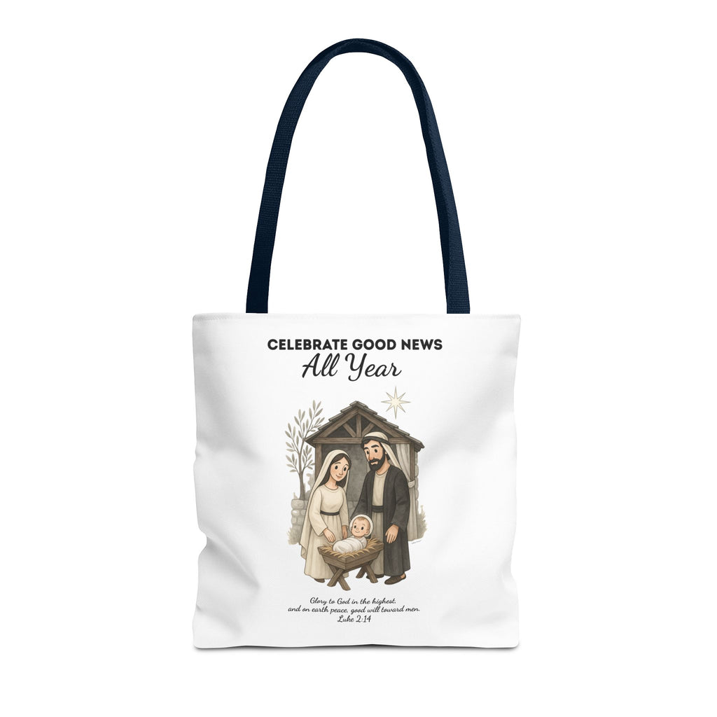 Nativity Tote Bag Year Round — (White Color) "Celebrate Good News All Year" Nativity Tote