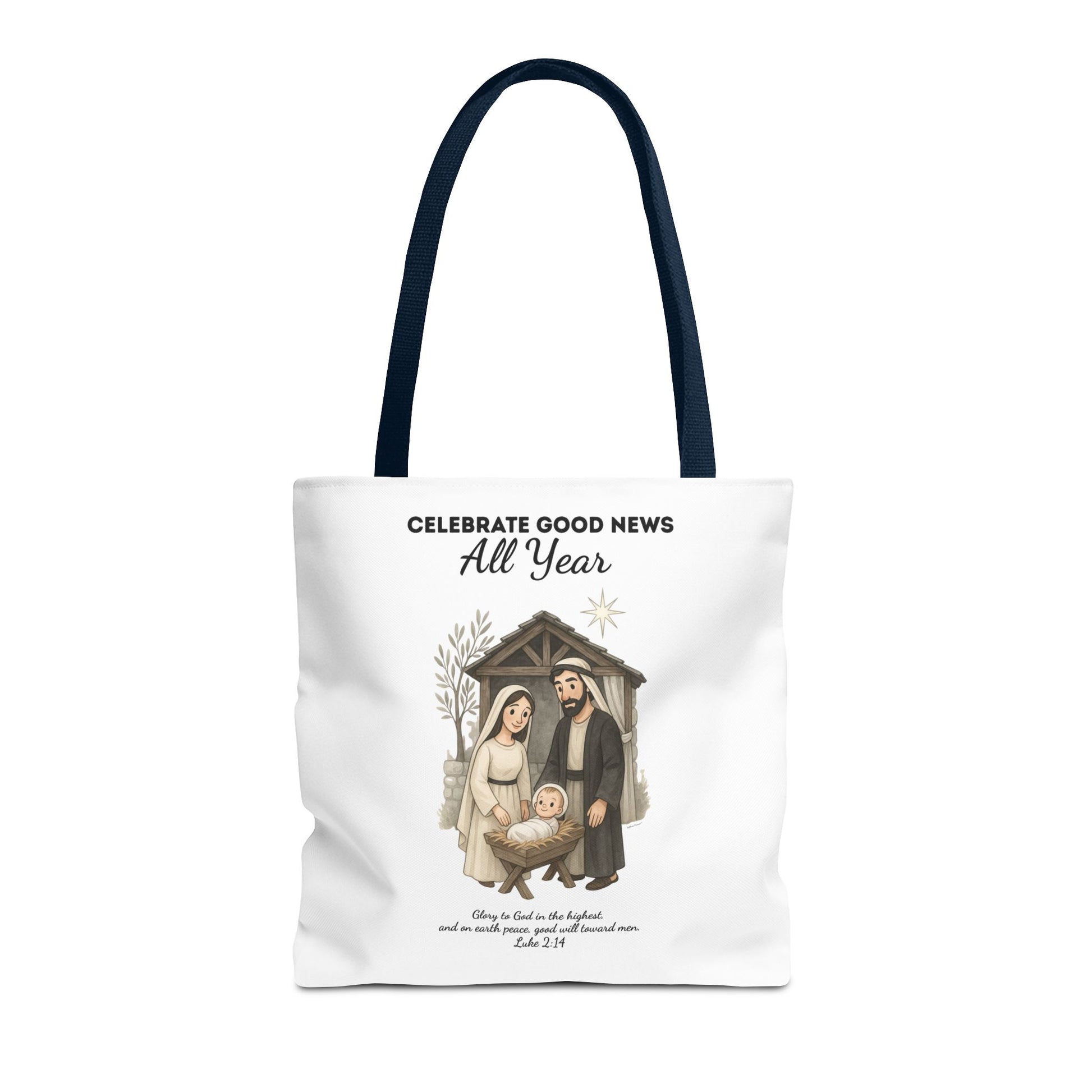 Nativity Tote Bag Year Round — (White Color) "Celebrate Good News All Year" Nativity Tote
