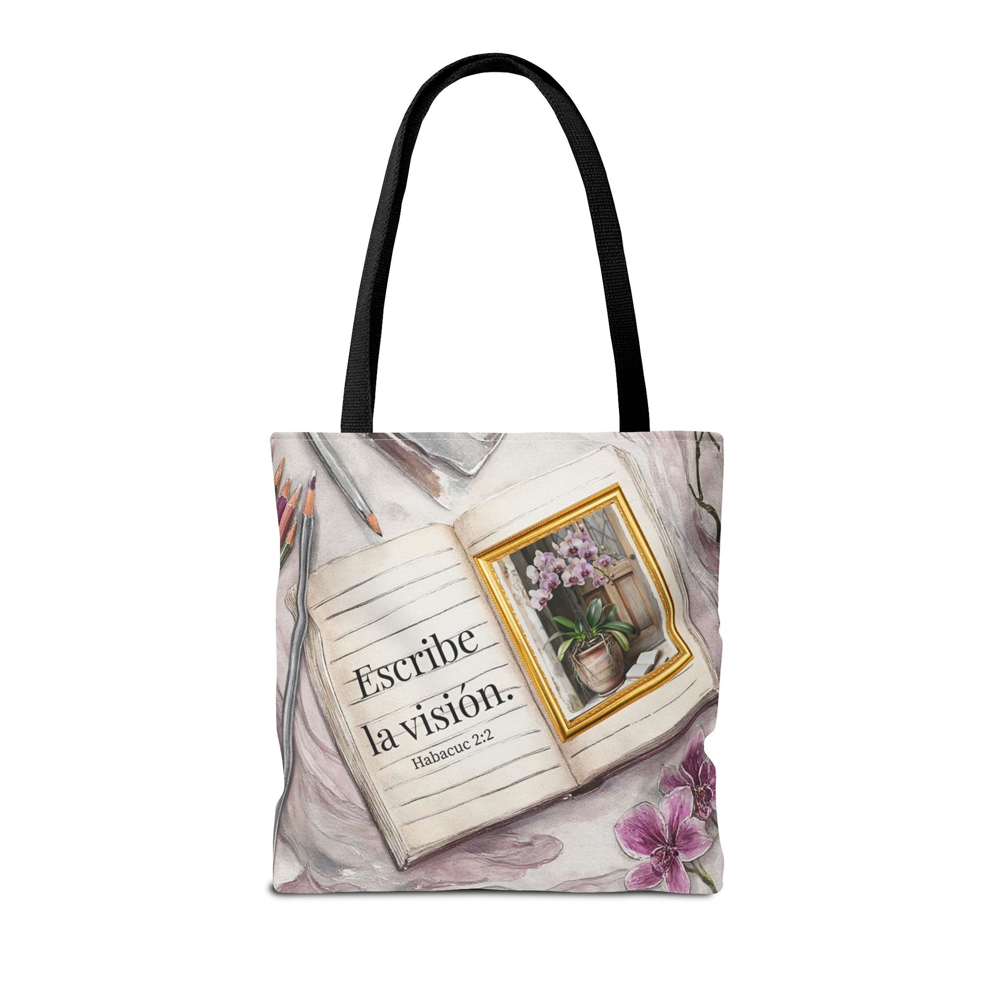Inspirational Journal Art Tote Bag — "Escribe la Visión" Orchid & Bible Quote Tote (Spanish)