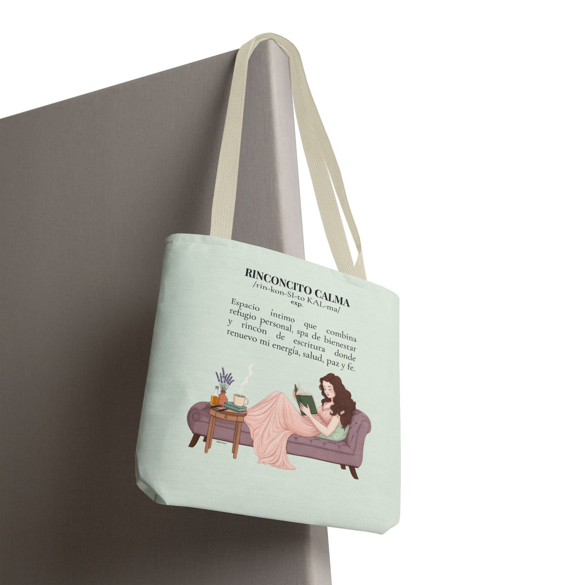 Slow-Living Corner Tote Bag — "Rinconcito Calma" Spanish Cozy Self-Care AOP Canvas Tote with Faith Quotes (Mint Green)
