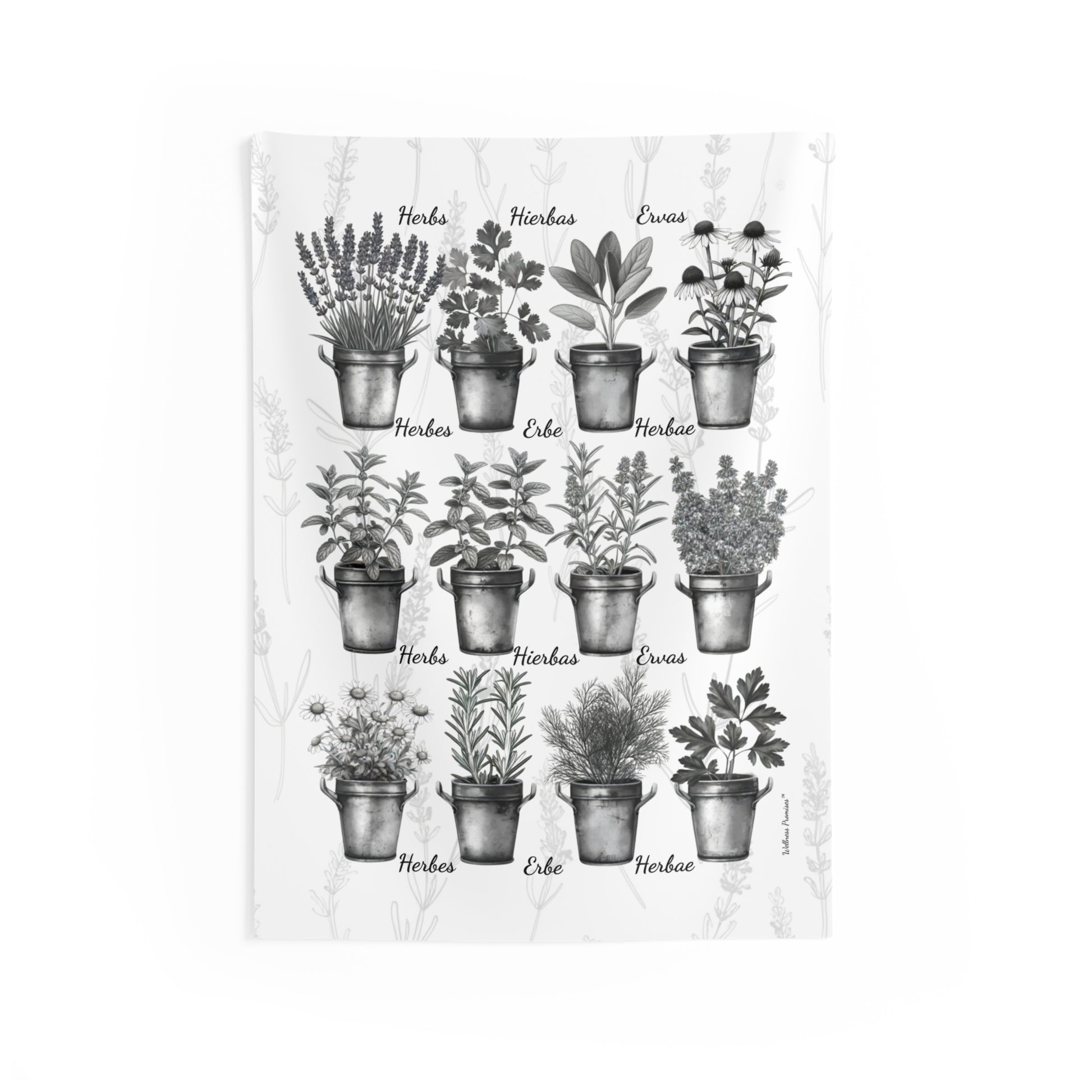 6 Languages Herb Garden Illustration Indoor Wall Tapestry | Potted Herbs Chart, Botanical Kitchen Decor