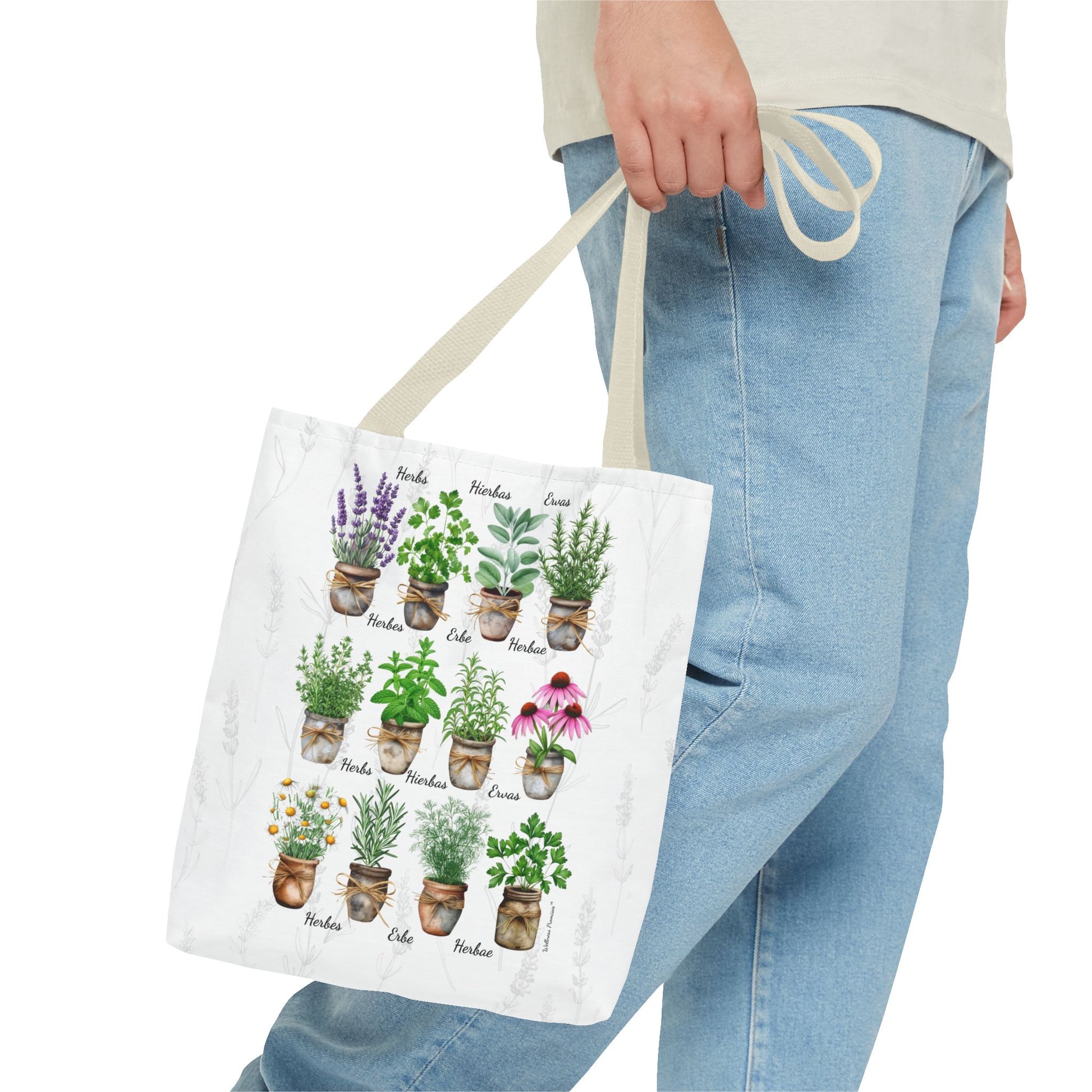 6 Language Watercolor Herbal Garden Tote Bag | Botanical Shopping Tote | Eco-Friendly Grocery Bag, Plant Lover Gift, Garden Decor, Mothers Day