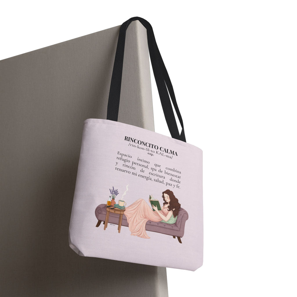 Slow-Living Corner Tote Bag — "Rinconcito Calma" Spanish Cozy Self-Care AOP Canvas Tote with Faith Quotes (Pink)