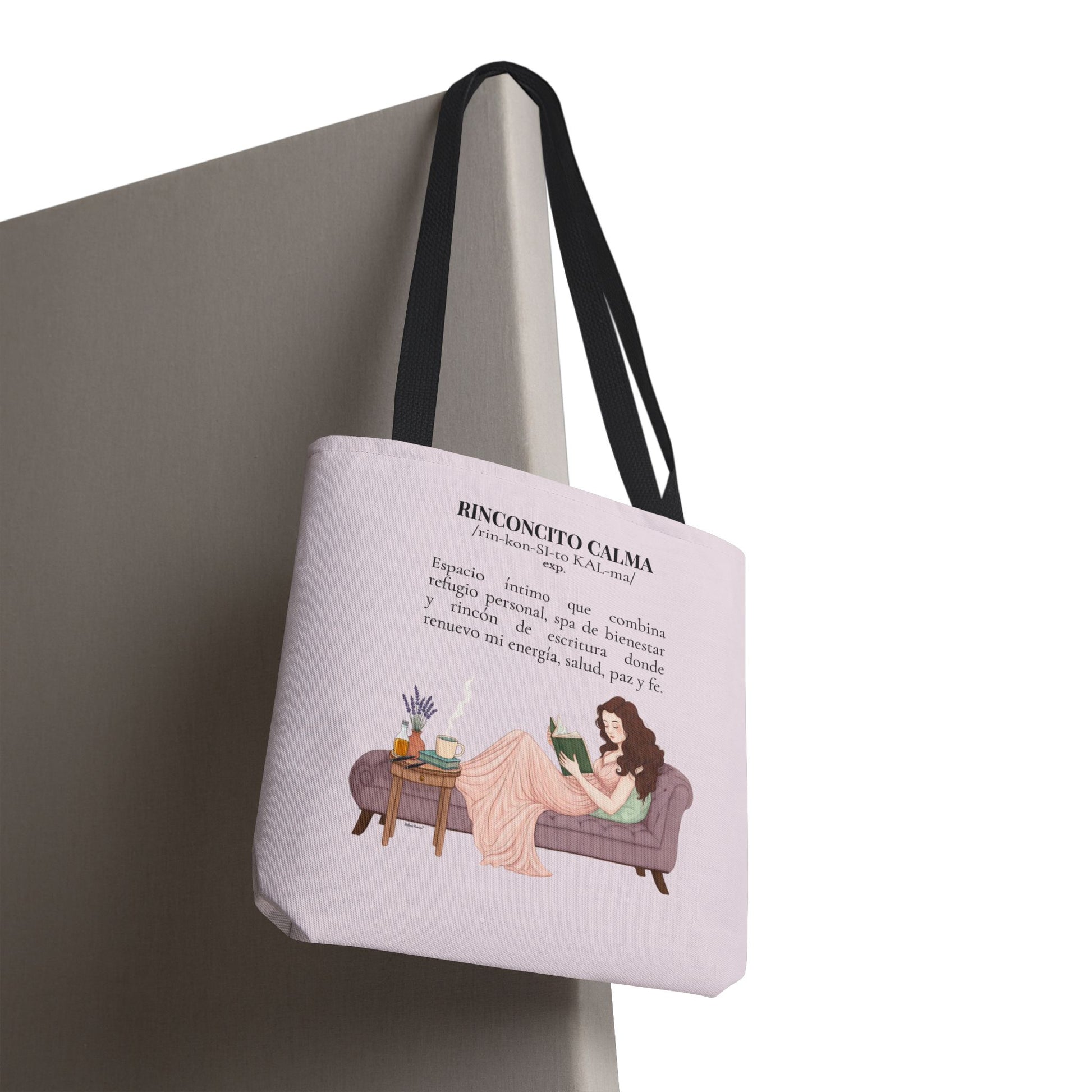 Slow-Living Corner Tote Bag — "Rinconcito Calma" Spanish Cozy Self-Care AOP Canvas Tote with Faith Quotes (Pink)
