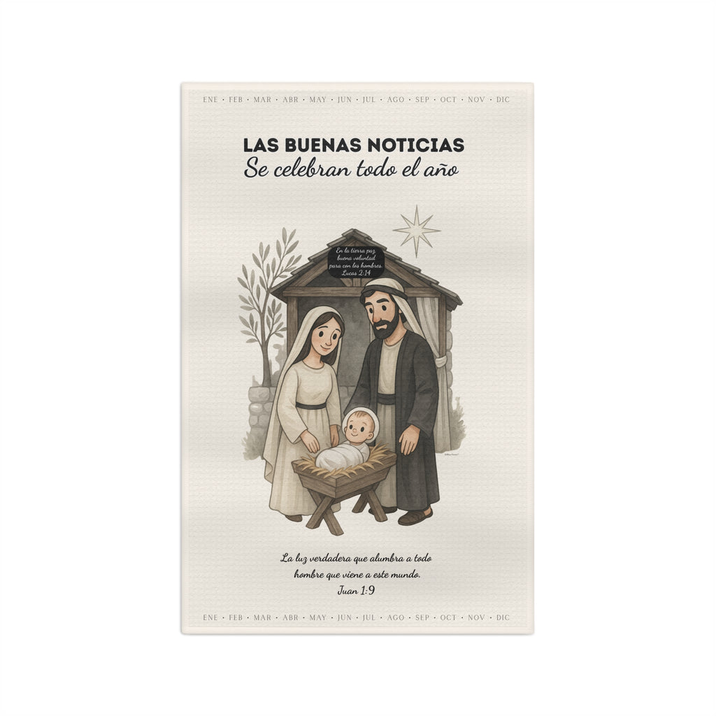 Nativity Tea Towel — (Cream Color) "Las Buenas Noticias se celebran todo el año" Year-Round Christmas Kitchen Towel