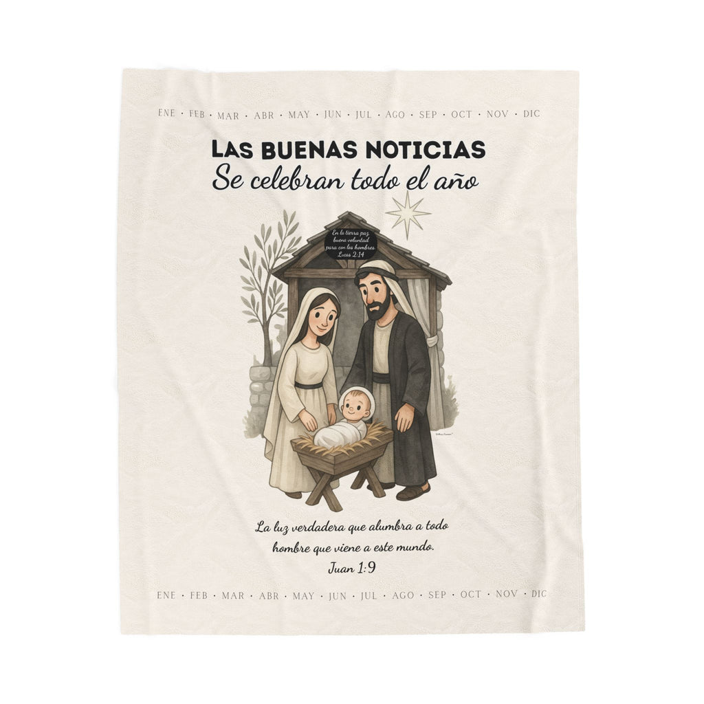 Nativity Year Round Velveteen Blanket (Cream Color)- "Las Buenas Noticias" Spanish Nativity Throw