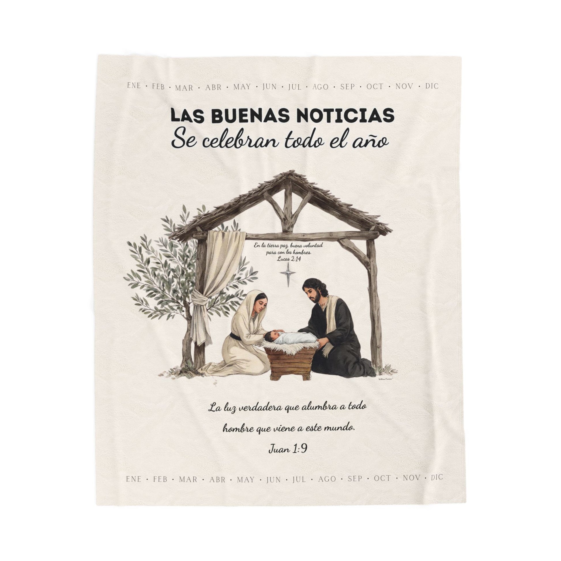 Nativity Year Round Velveteen Blanket (Cream Color)- "Las Buenas Noticias" Spanish Nativity Throw