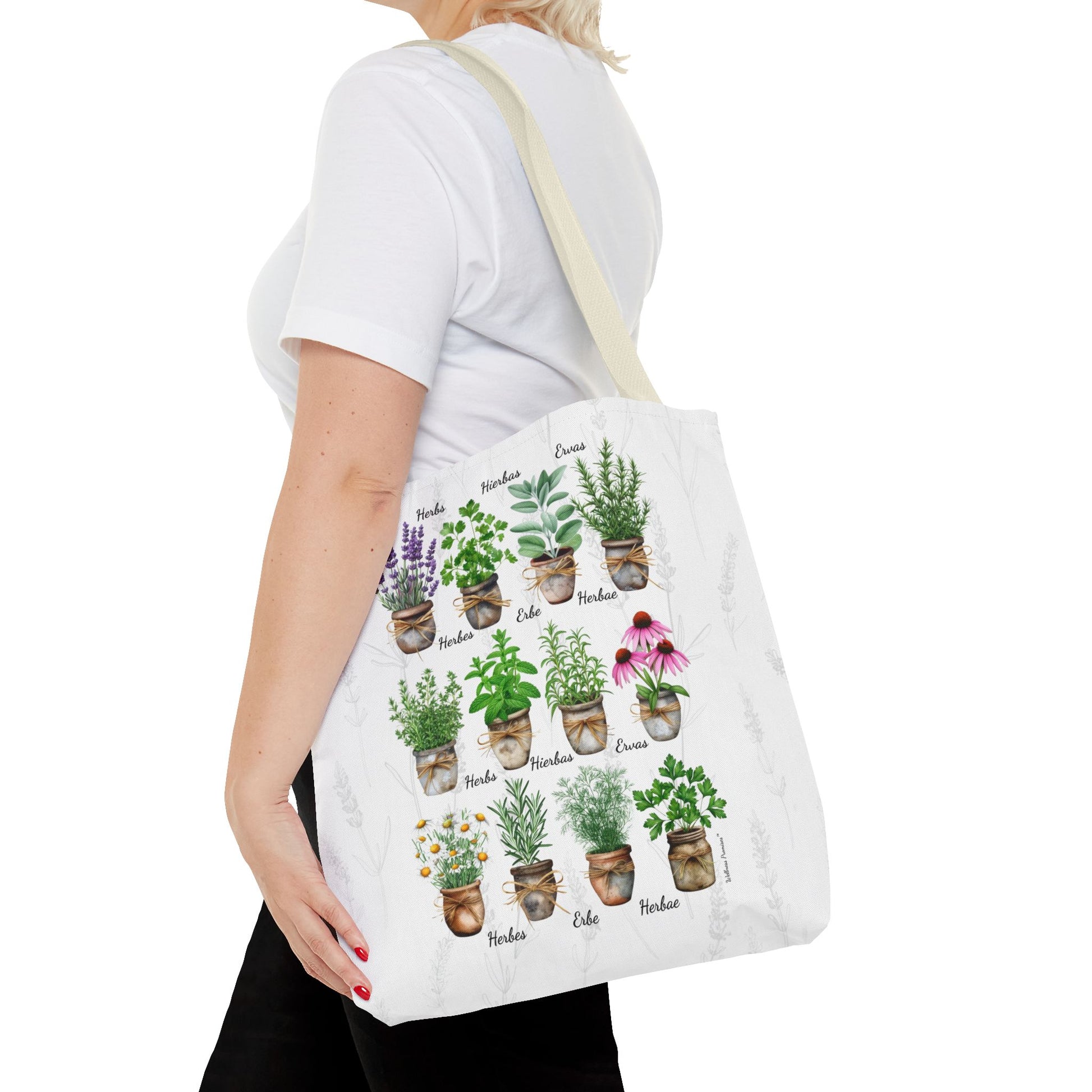 6 Language Watercolor Herbal Garden Tote Bag | Botanical Shopping Tote | Eco-Friendly Grocery Bag, Plant Lover Gift, Garden Decor, Mothers Day