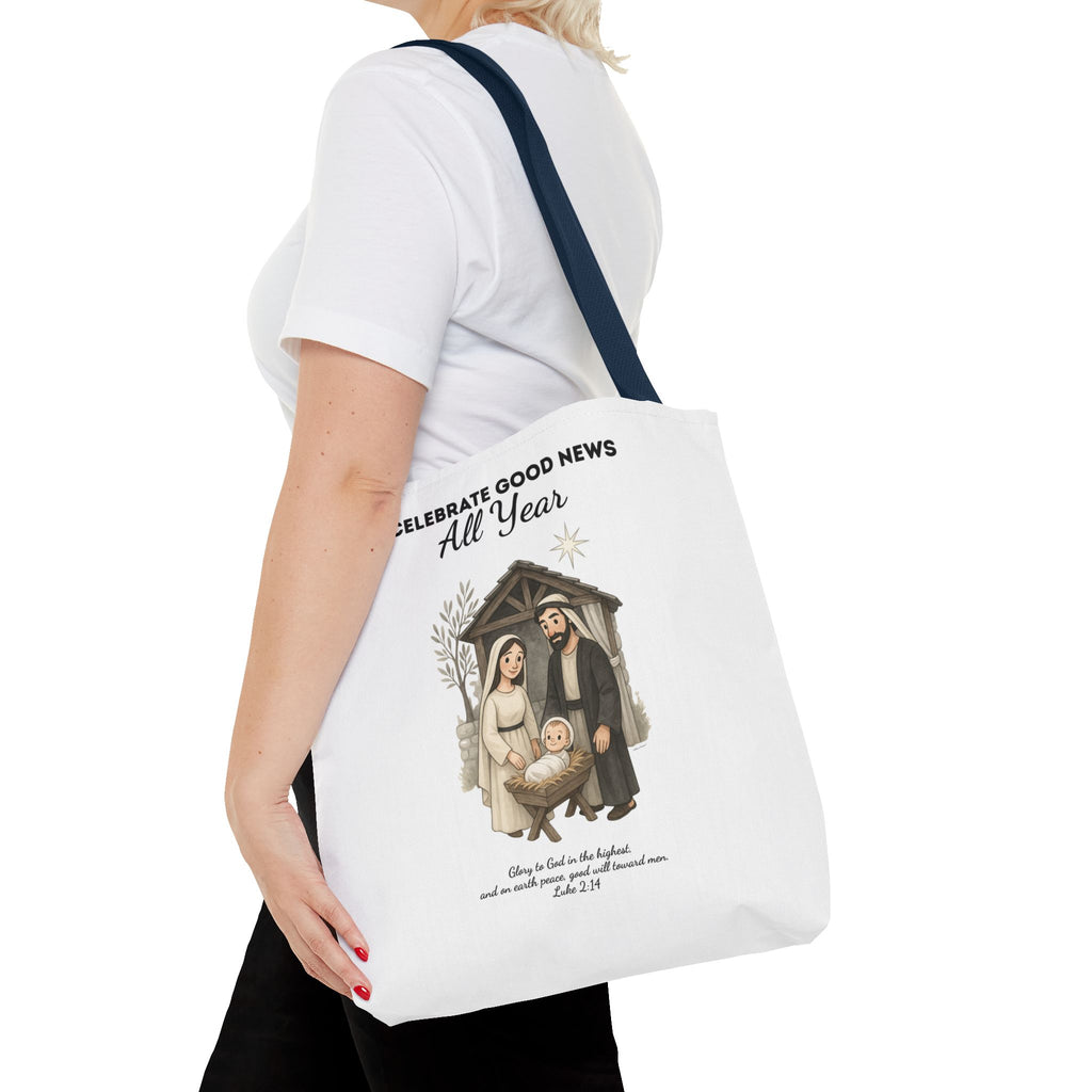 Nativity Tote Bag Year Round — (White Color) "Celebrate Good News All Year" Nativity Tote