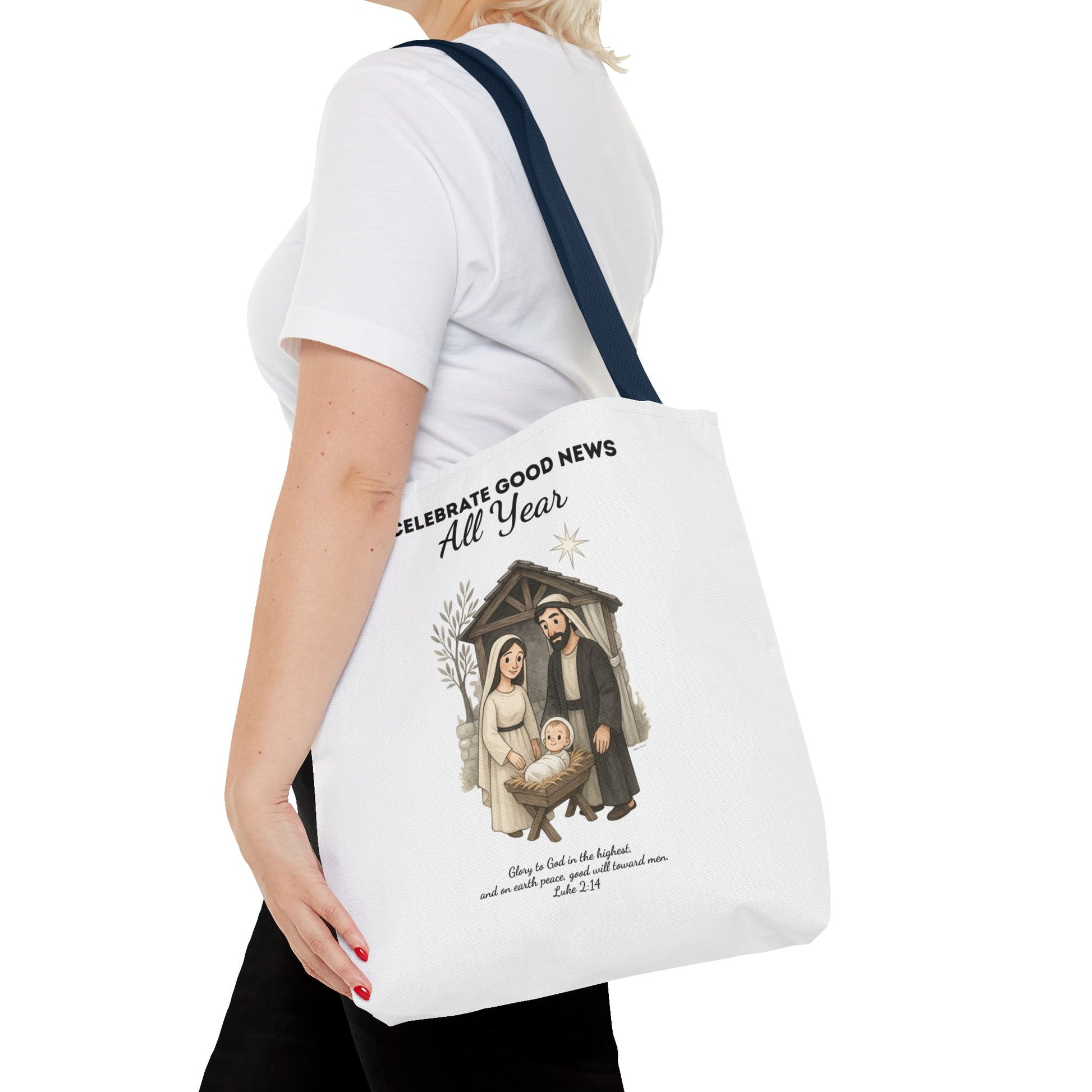 Nativity Tote Bag Year Round — (White Color) "Celebrate Good News All Year" Nativity Tote