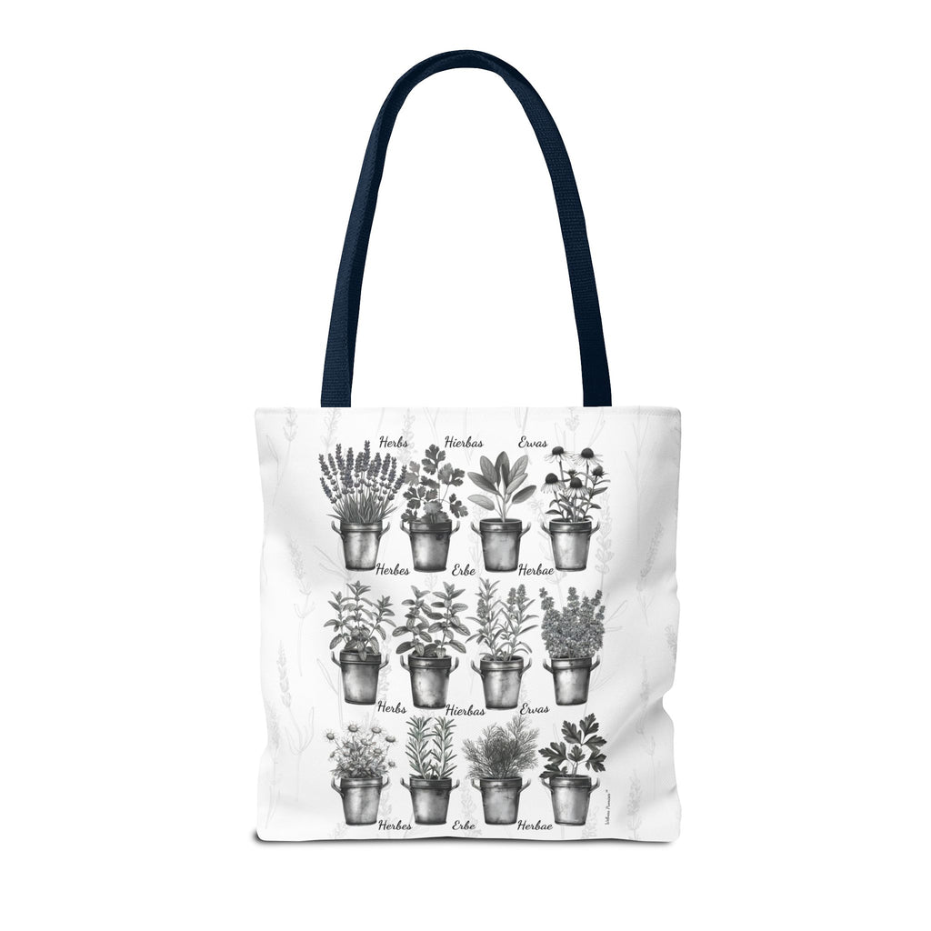 6 Language Black & White Herbal Garden Tote Bag | Botanical Shopping Tote | Eco-Friendly Grocery Bag, Plant Lover Gift, Garden Decor, Mothers Day