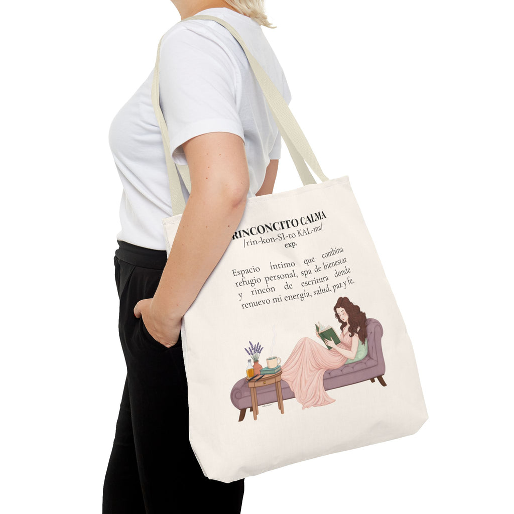 Slow-Living Corner Tote Bag — "Rinconcito Calma" Spanish Cozy Self-Care AOP Canvas Tote with Faith Quotes
