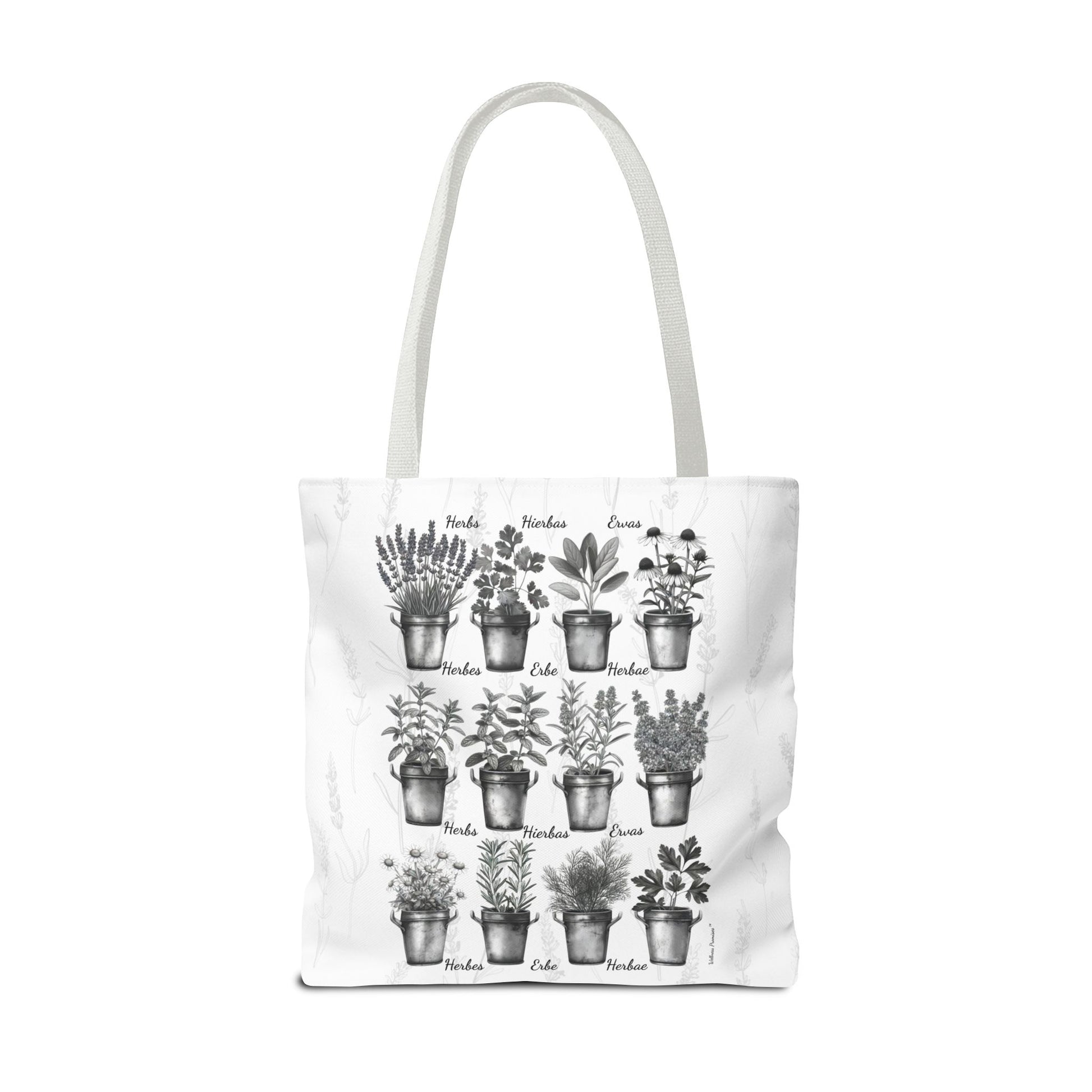 6 Language Black & White Herbal Garden Tote Bag | Botanical Shopping Tote | Eco-Friendly Grocery Bag, Plant Lover Gift, Garden Decor, Mothers Day