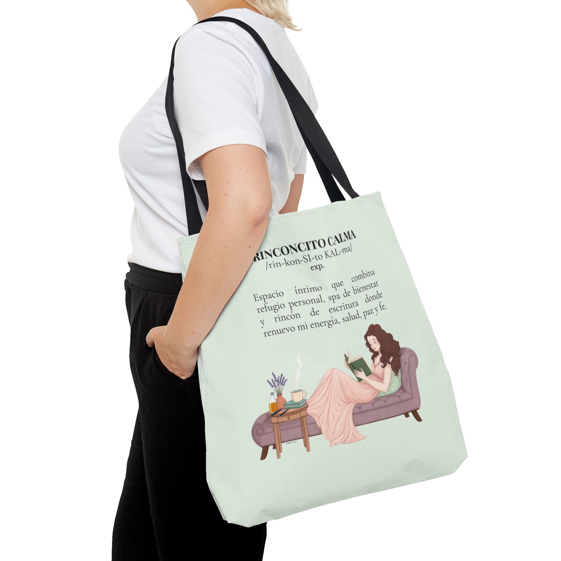 Slow-Living Corner Tote Bag — "Rinconcito Calma" Spanish Cozy Self-Care AOP Canvas Tote with Faith Quotes (Mint Green)