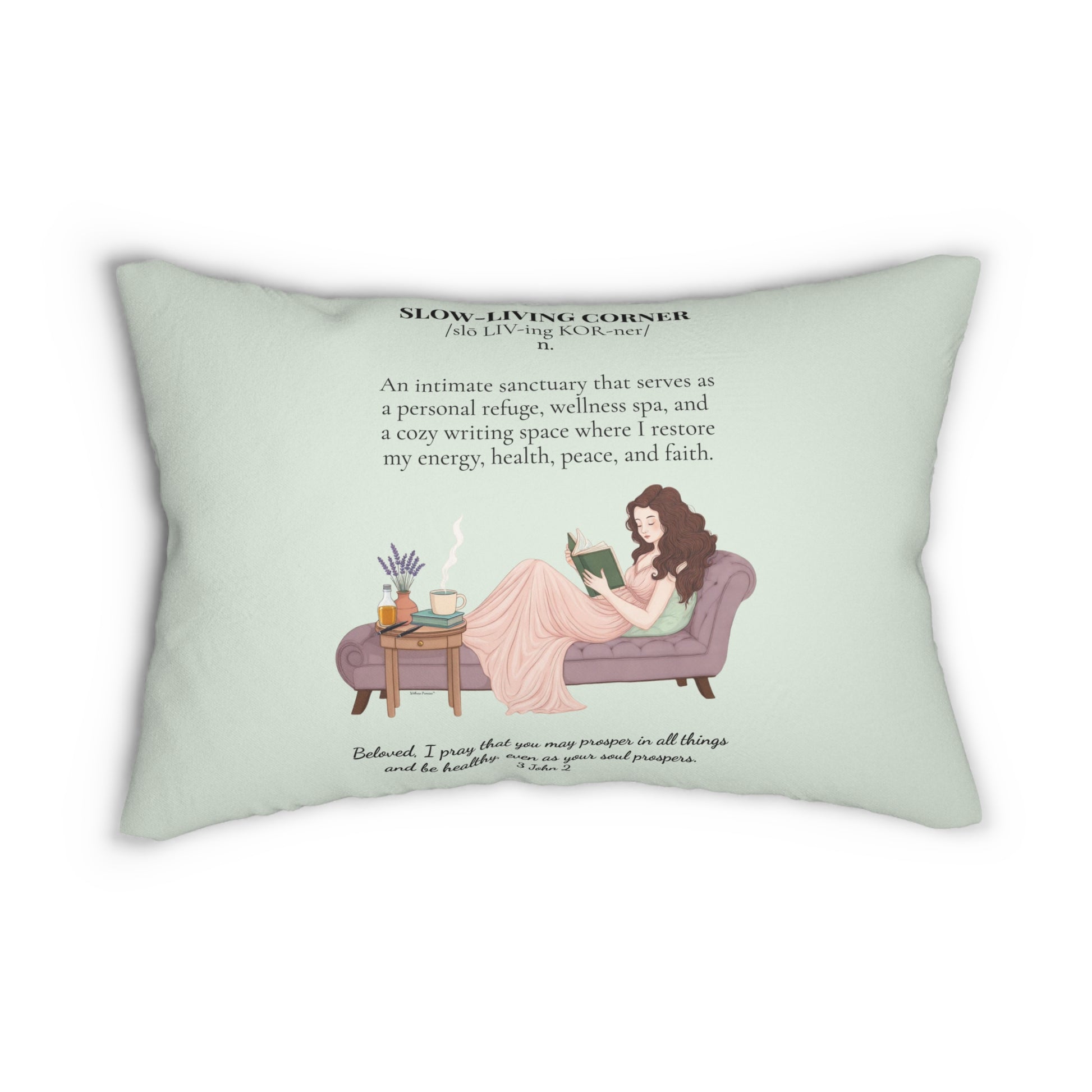 “Slow-Living Corner” & Lavender Reading Nook Lumbar Pillow — Cozy Prayer Blessing (Mint Green)