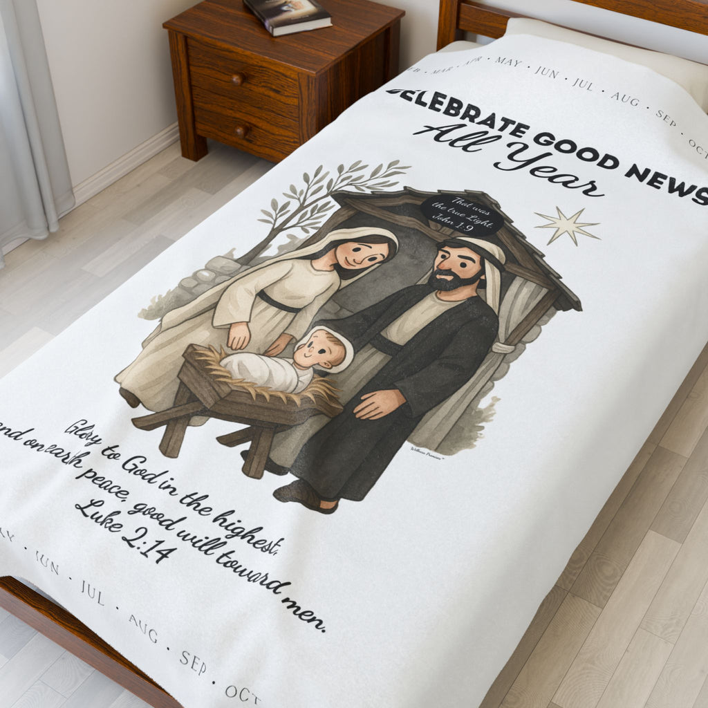 Nativity Year Round Velveteen Blanket - (White Color)  "Celebrate Good News All Year"  Nativity Throw