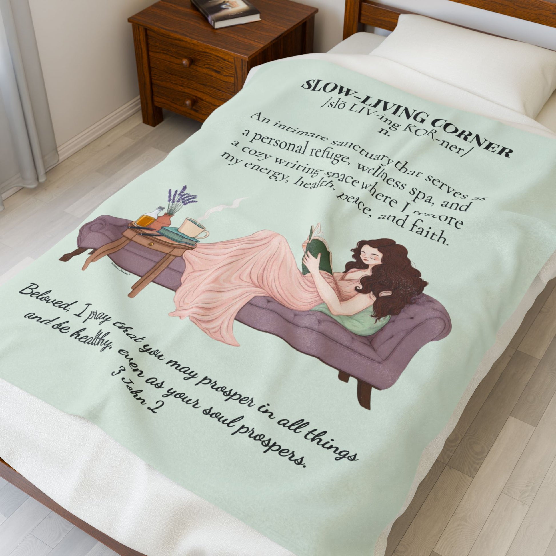 Slow-Living Corner Velveteen Plush Blanket — Cozy Reading Nook Throw with Bible Verse (Mint Green)