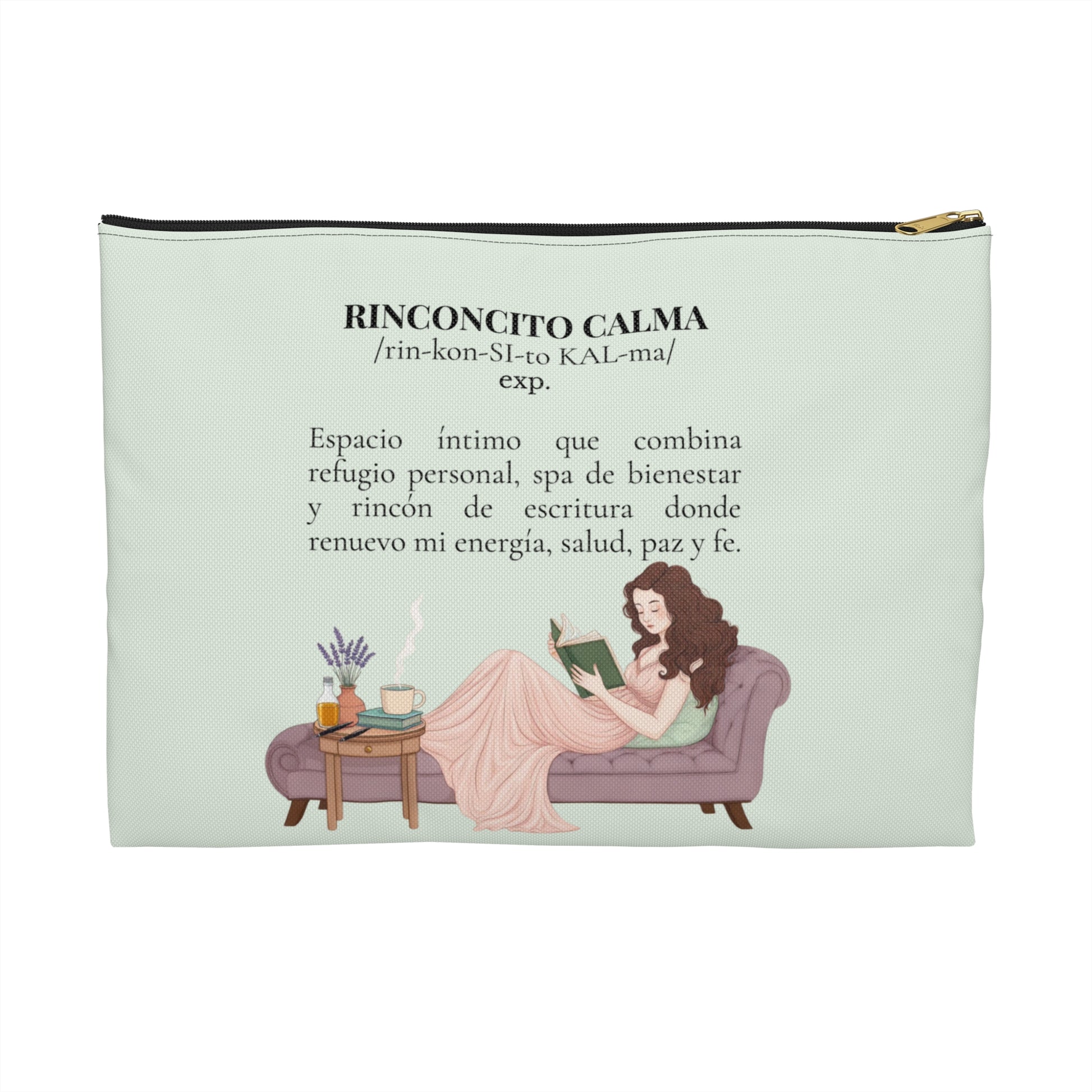 Accessory Pouch — Slow-Living Corner "Rinconcito Calma" & Lavender Tea Bible Quote (Mint Green, Spanish)