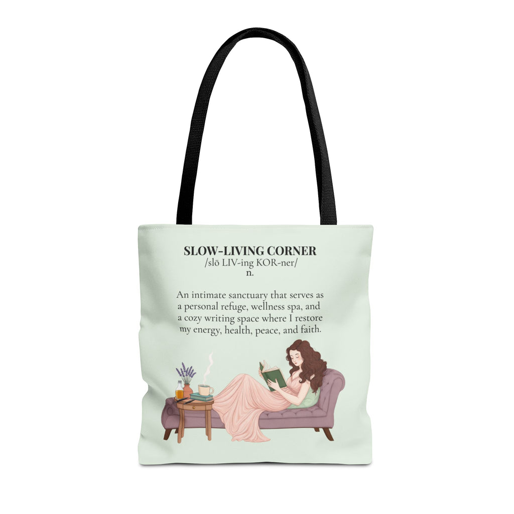 Slow-Living Corner Tote Bag — Cozy Self-Care AOP Canvas Tote with Faith Quotes (Mint Green)