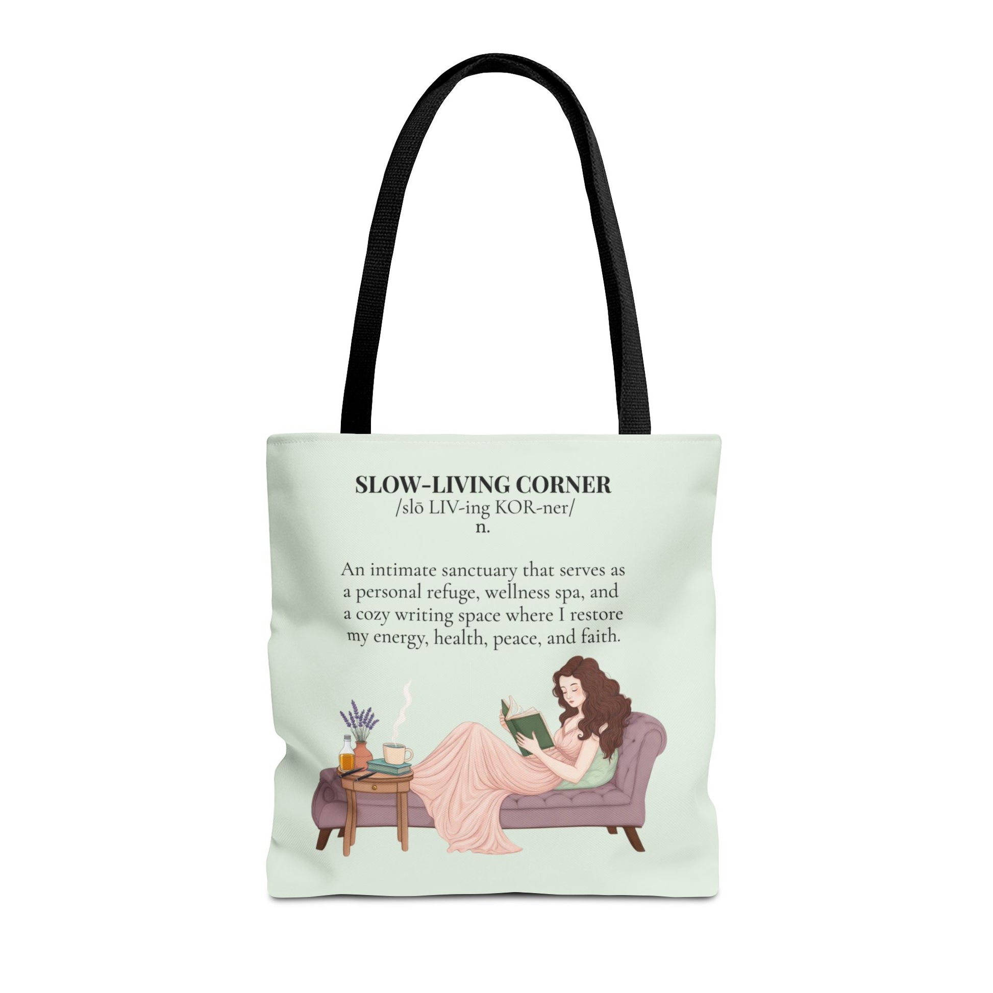 Slow-Living Corner Tote Bag — Cozy Self-Care AOP Canvas Tote with Faith Quotes (Mint Green)