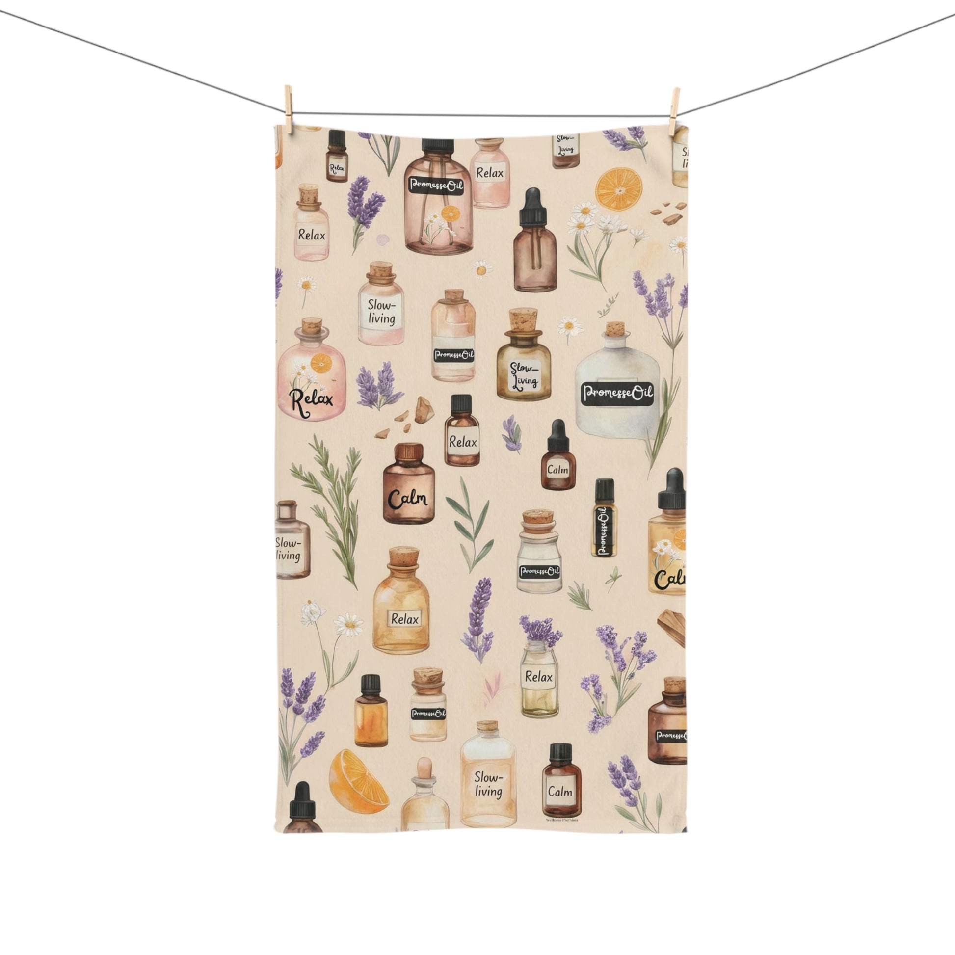 Aromatherapy Bottles Slow-Living Hand Towel – Spa Lavender, Herbal and Citrus Essential Oil Pattern