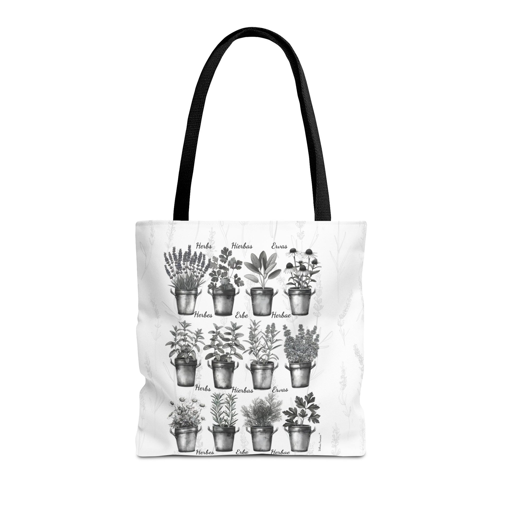 6 Language Black & White Herbal Garden Tote Bag | Botanical Shopping Tote | Eco-Friendly Grocery Bag, Plant Lover Gift, Garden Decor, Mothers Day
