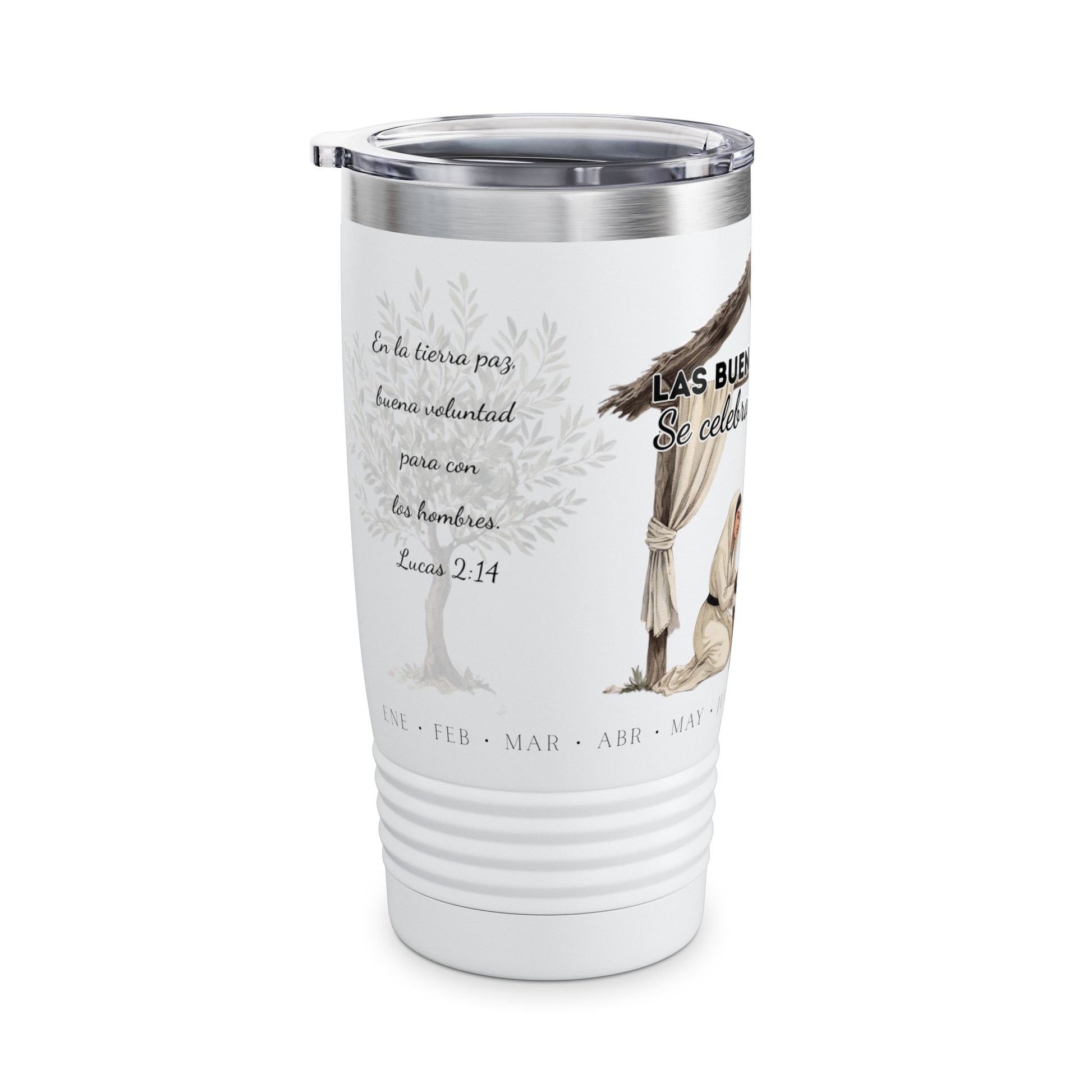 Nativity Ringneck Tumbler Year Round Use— Spanish "¡Las buenas noticias se celebran todo el año!" 20oz