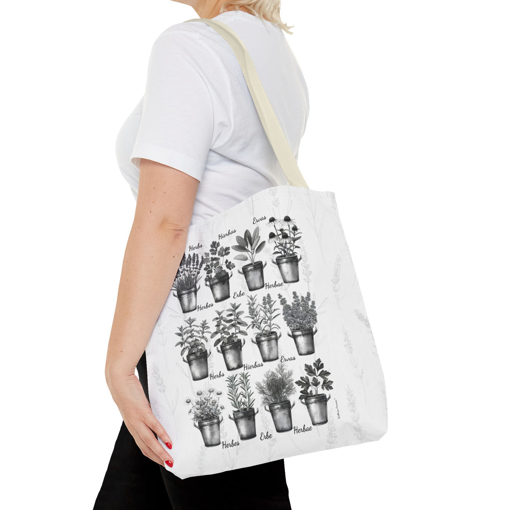 6 Language Black & White Herbal Garden Tote Bag | Botanical Shopping Tote | Eco-Friendly Grocery Bag, Plant Lover Gift, Garden Decor, Mothers Day