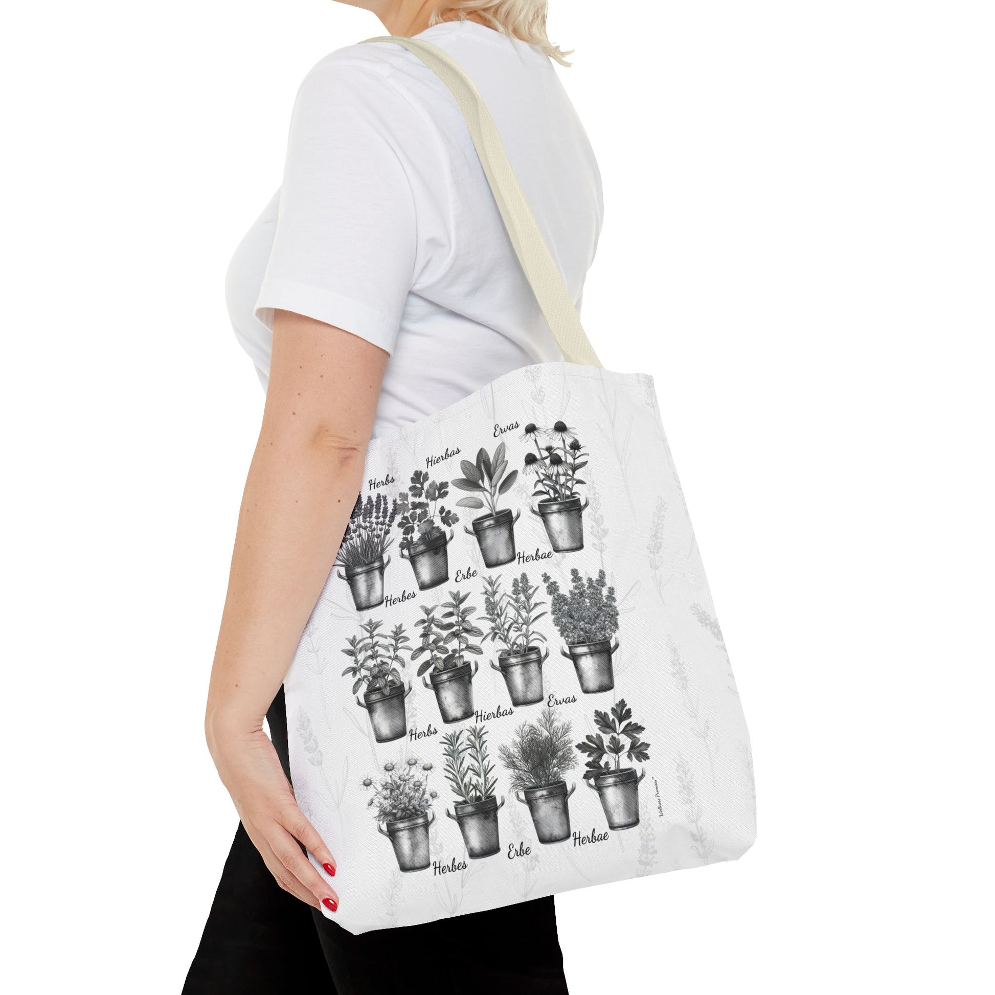 6 Language Black & White Herbal Garden Tote Bag | Botanical Shopping Tote | Eco-Friendly Grocery Bag, Plant Lover Gift, Garden Decor, Mothers Day