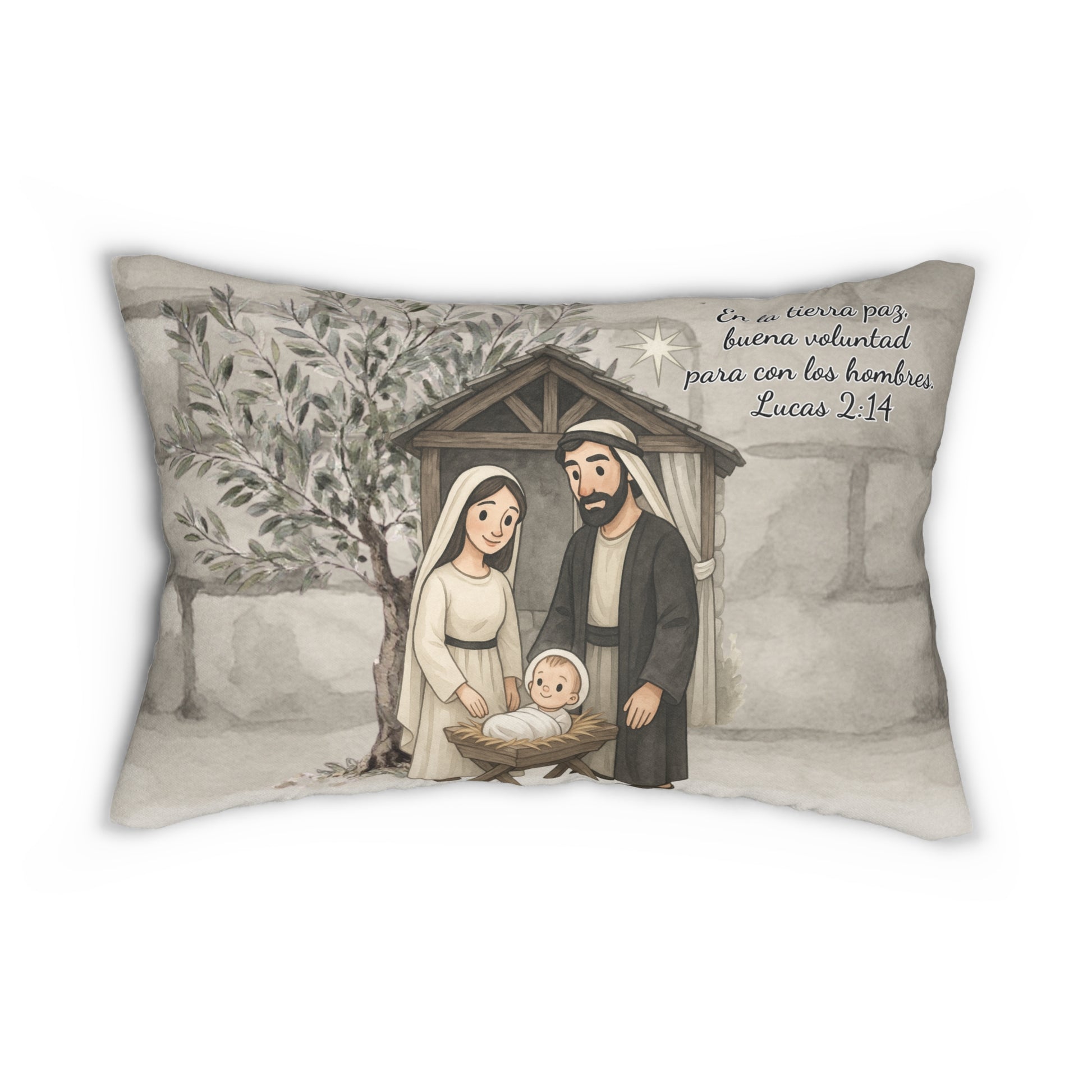Nativity Lumbar Pillow — (Cream Color) "Las Buenas Noticias" Spanish Year Round Christmas Decor with Bible Verse
