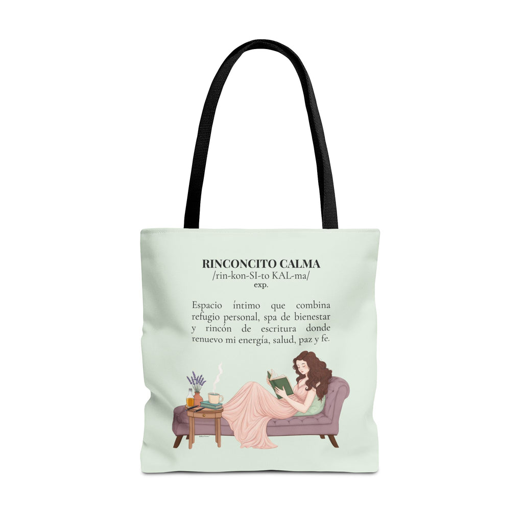 Slow-Living Corner Tote Bag — "Rinconcito Calma" Spanish Cozy Self-Care AOP Canvas Tote with Faith Quotes (Mint Green)