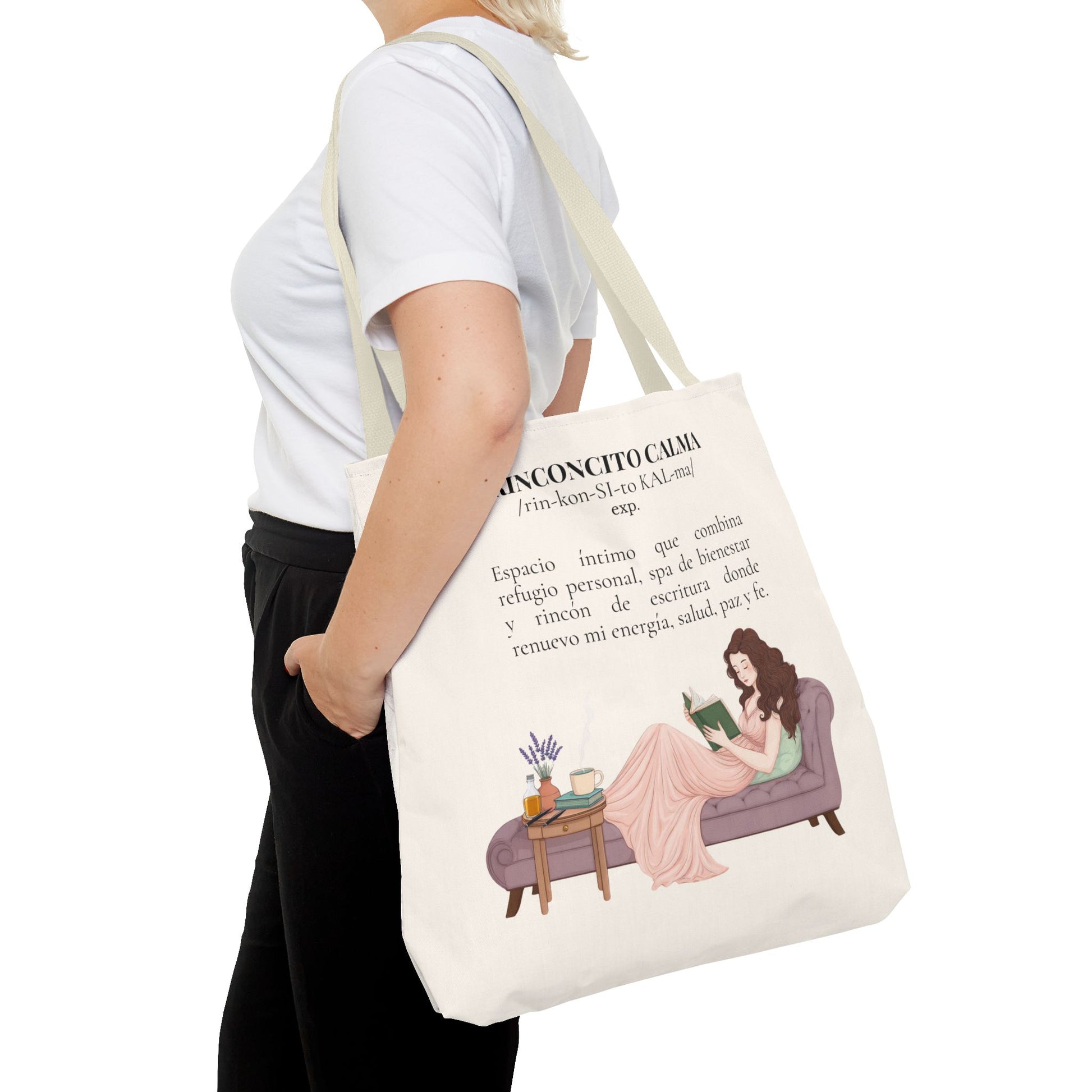 Slow-Living Corner Tote Bag — "Rinconcito Calma" Spanish Cozy Self-Care AOP Canvas Tote with Faith Quotes