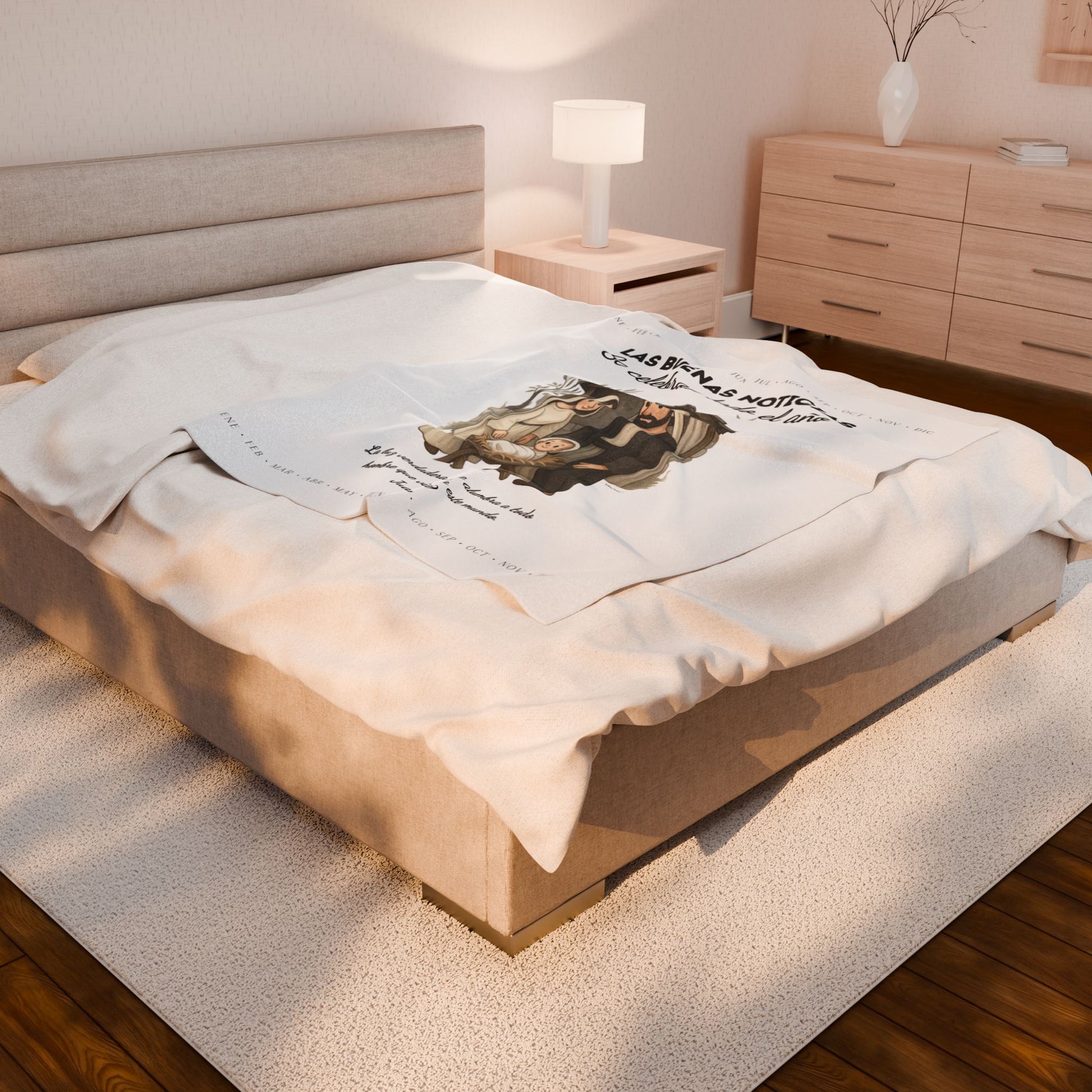 Nativity Year Round Velveteen Blanket - (White Color)  "Las Buenas Noticias" Spanish Nativity Throw