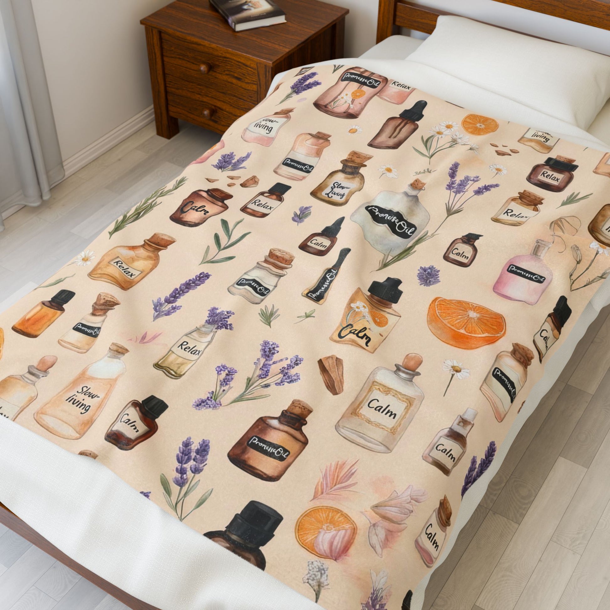 Aromatherapy Slow-Living Velveteen Plush Blanket — Cozy Spa Lavender, Herbal & Citrus Pattern