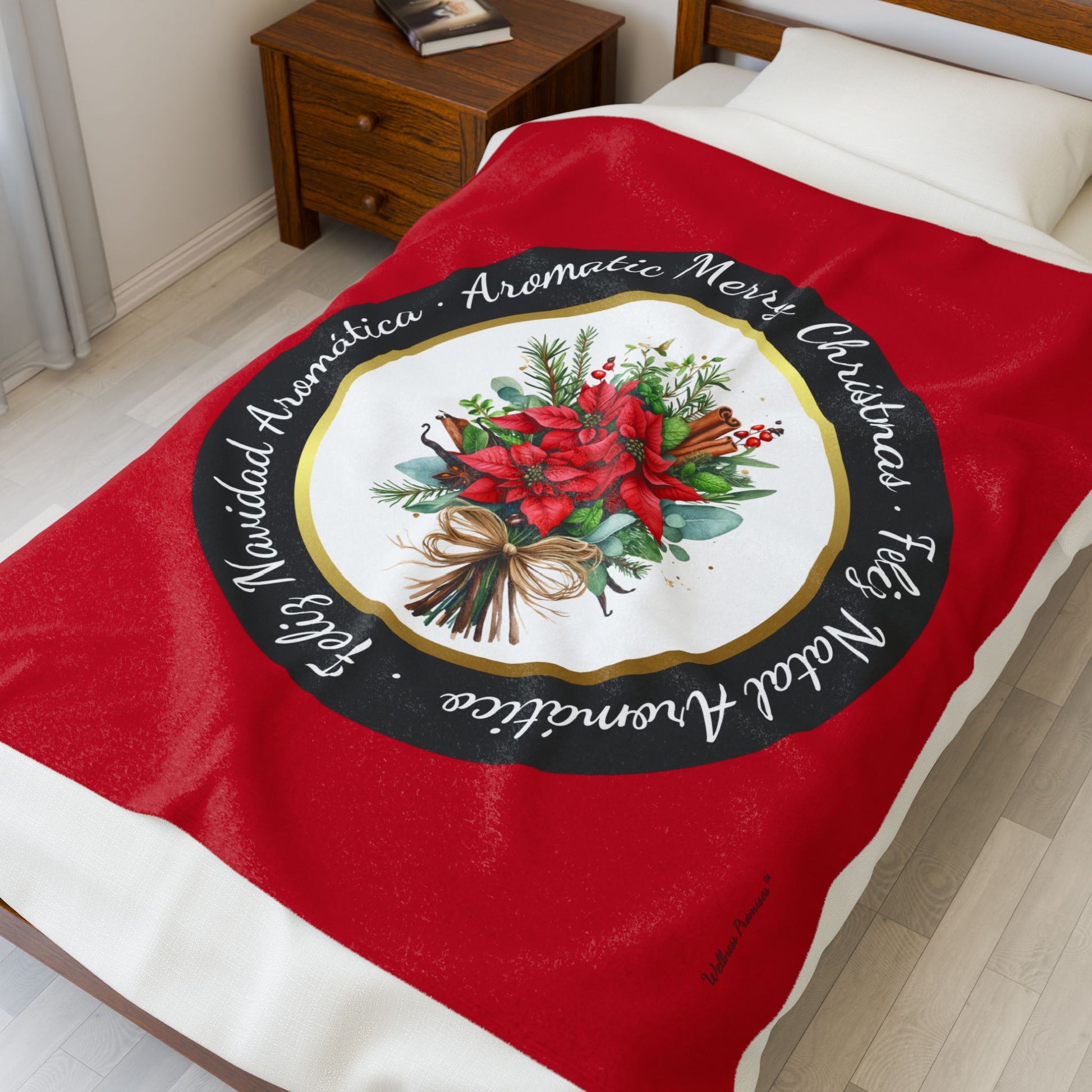 Christmas Herbal and Poinsettia Design in Three Languages- Plush Blanket