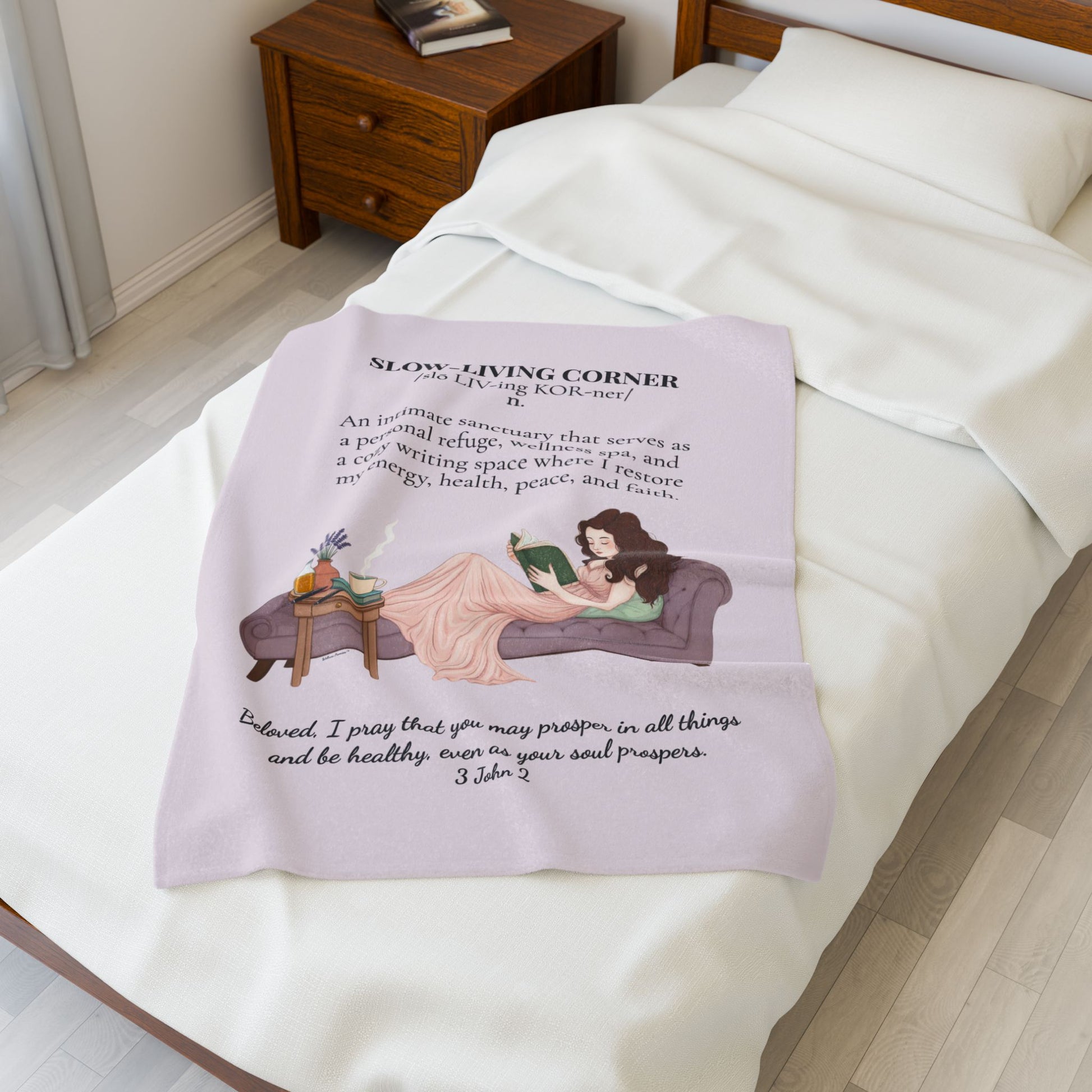 Slow-Living Corner Velveteen Plush Blanket — Cozy Reading Nook Throw withBible Verse (Mauve Color)