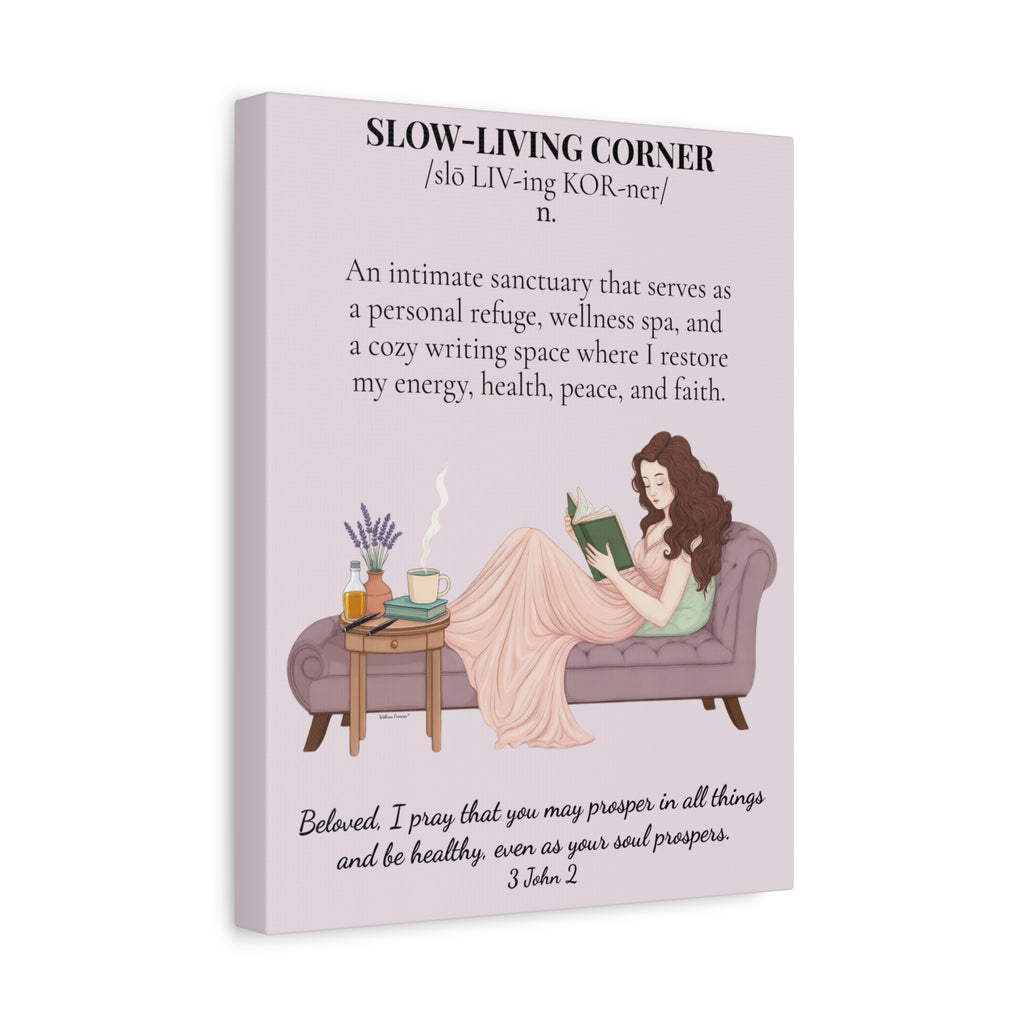 Slow-Living Corner Matte Canvas Wall Art — Cozy Sanctuary Definition with Scripture (Pink)
