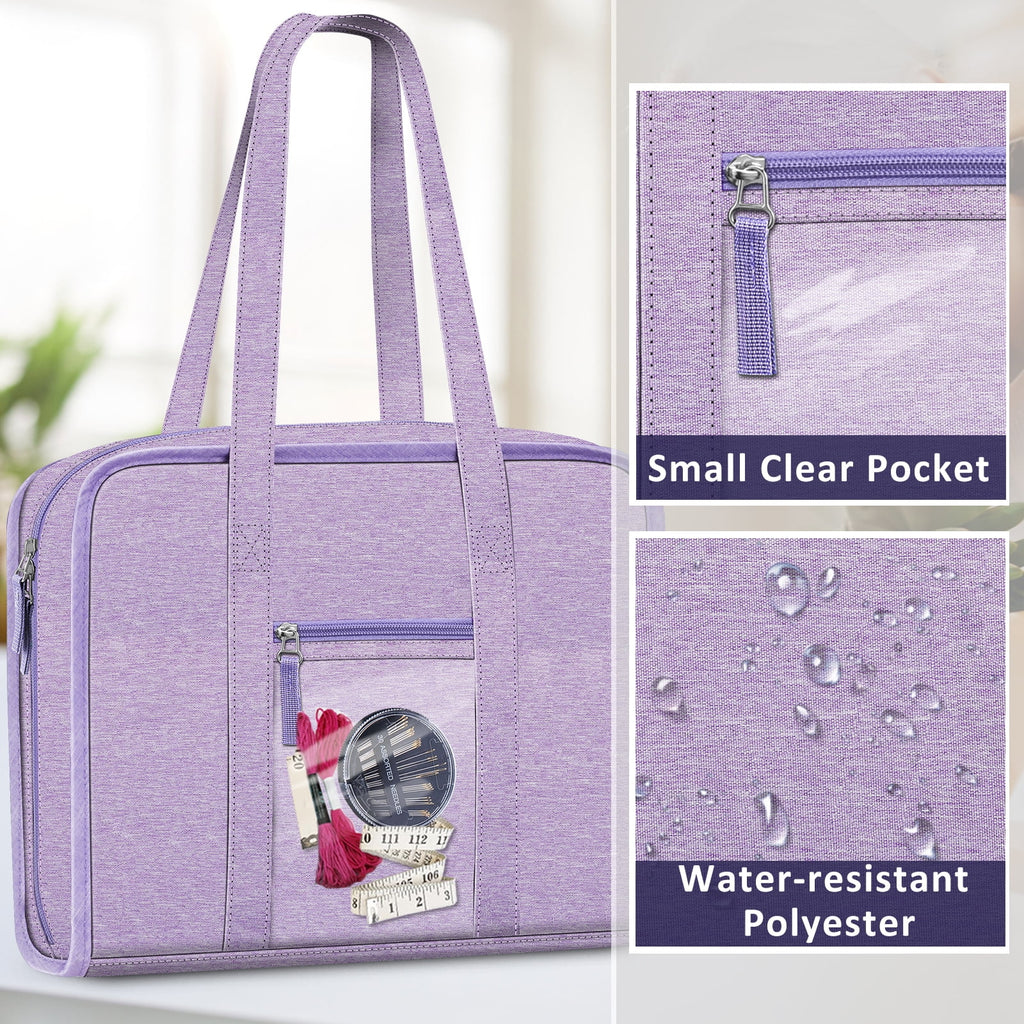 Sewing and Craft Supplies Storage Tote, Large Capacity Travel Packing Organizer Bag with Clear Pockets and Handle for Knitting, Crochet, Art, Sewing Accessories, Lavender
