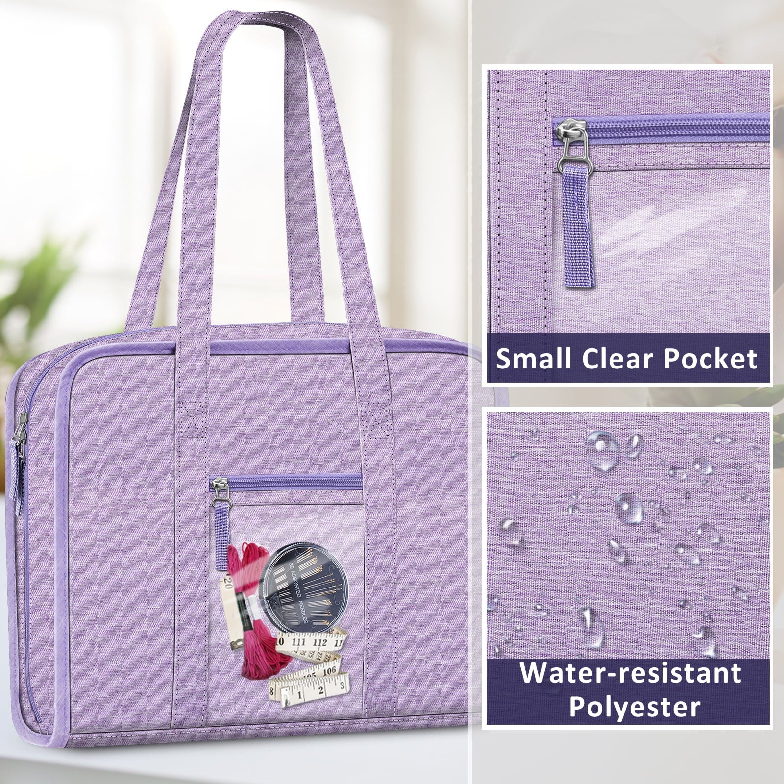 Sewing and Craft Supplies Storage Tote, Large Capacity Travel Packing Organizer Bag with Clear Pockets and Handle for Knitting, Crochet, Art, Sewing Accessories, Lavender