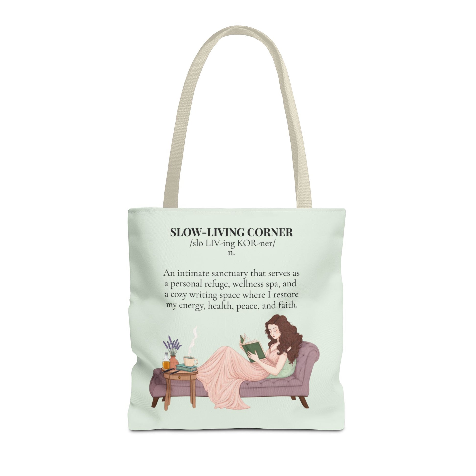 Slow-Living Corner Tote Bag — Cozy Self-Care AOP Canvas Tote with Faith Quotes (Mint Green)